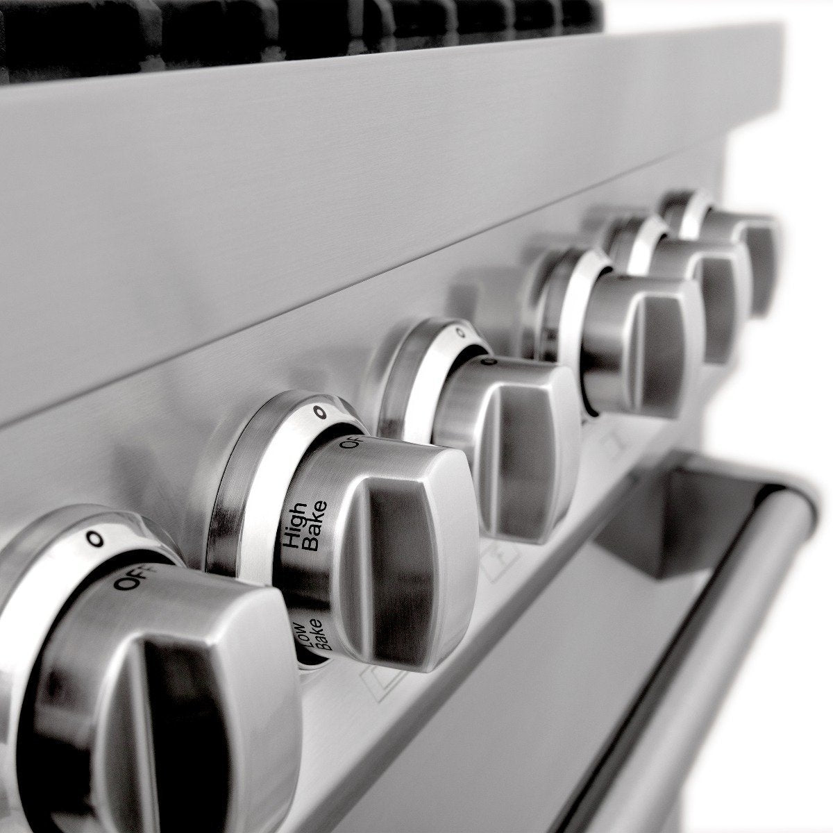 Stainless steel range control knobs, including Low and High Bake labels