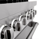 Stainless steel range control knobs, including Low and High Bake labels