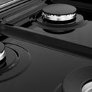 Dual fuel range cooktop with black grates and round burner control areas