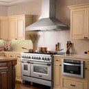Stainless steel range and wall hood with built-in microwave underneath
