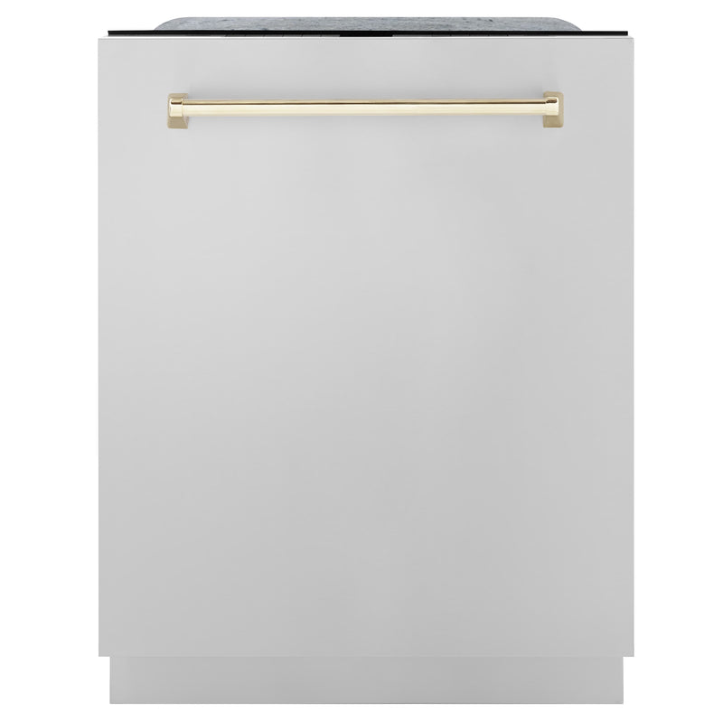 ZLINE 48-Inch Autograph Edition Kitchen Package - Dual Fuel Range, Wall Mount Range Hood and Dishwasher in DuraSnow Stainless Steel with Gold Accents (3AKPR-RASRHDWM48-G)