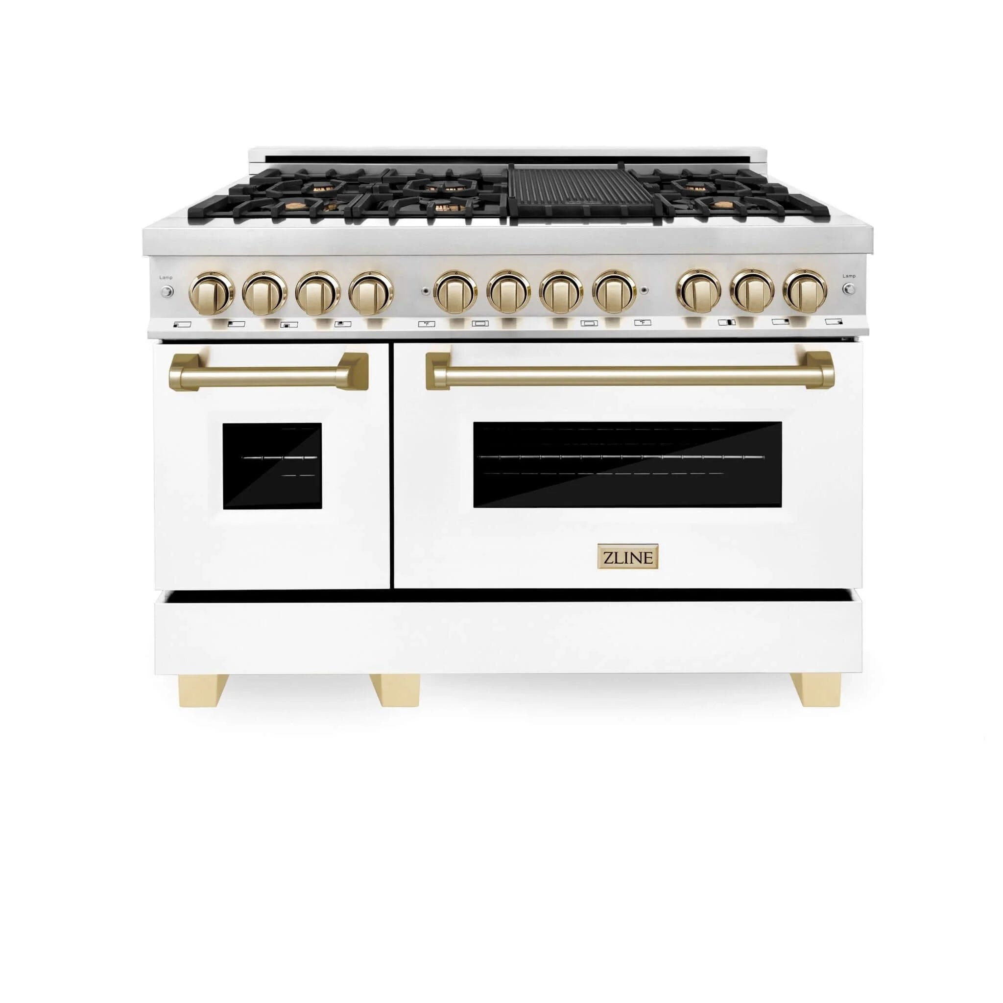 Dual fuel range with white matte doors, black burners, and gold handle accents