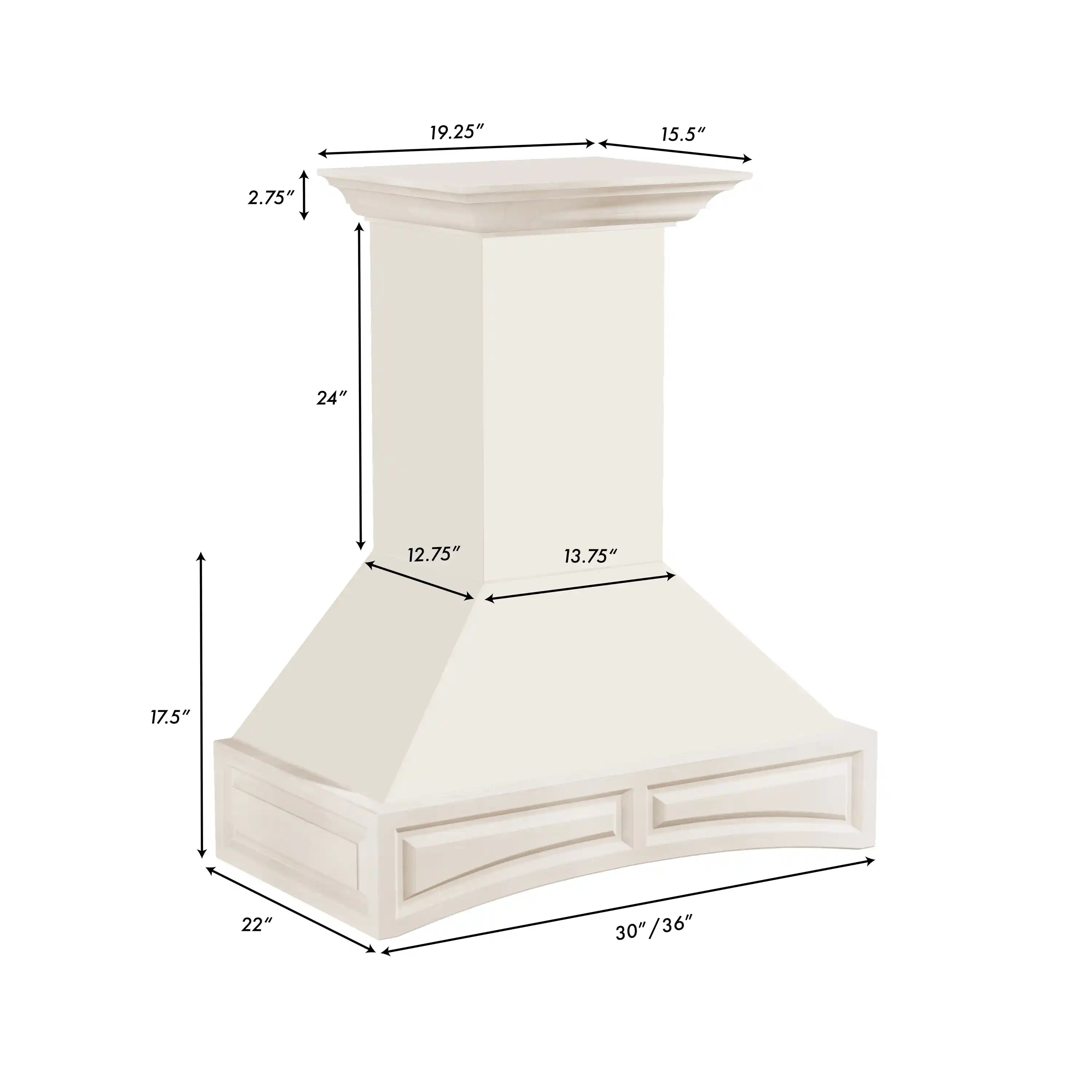 White chimney range hood with measurement diagram and front dimensions