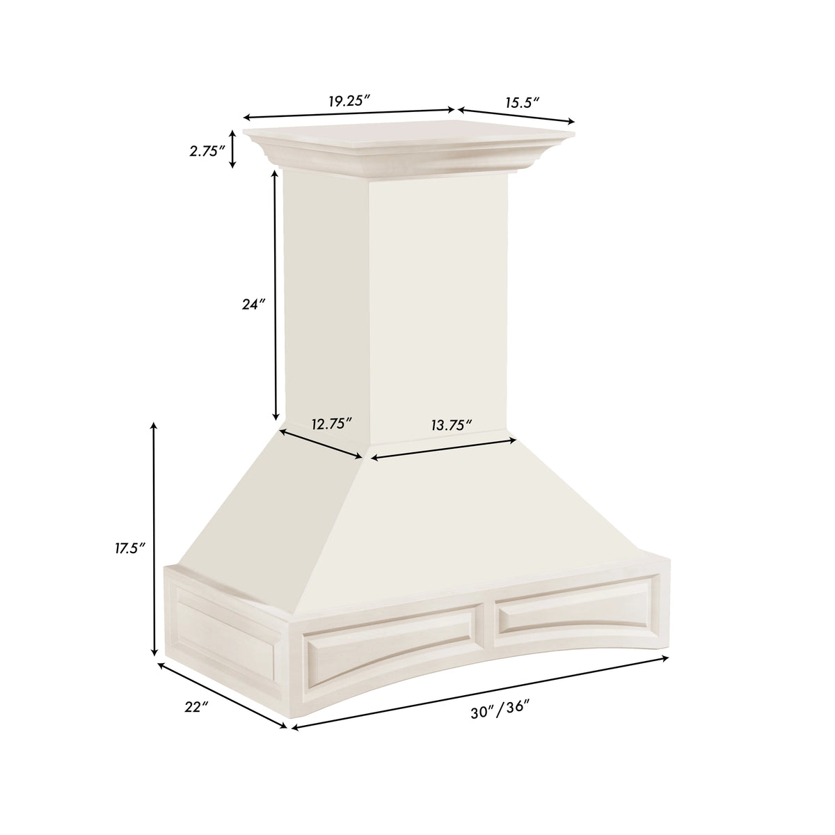 White wall-mounted range hood with crown molding and chimney-style flue