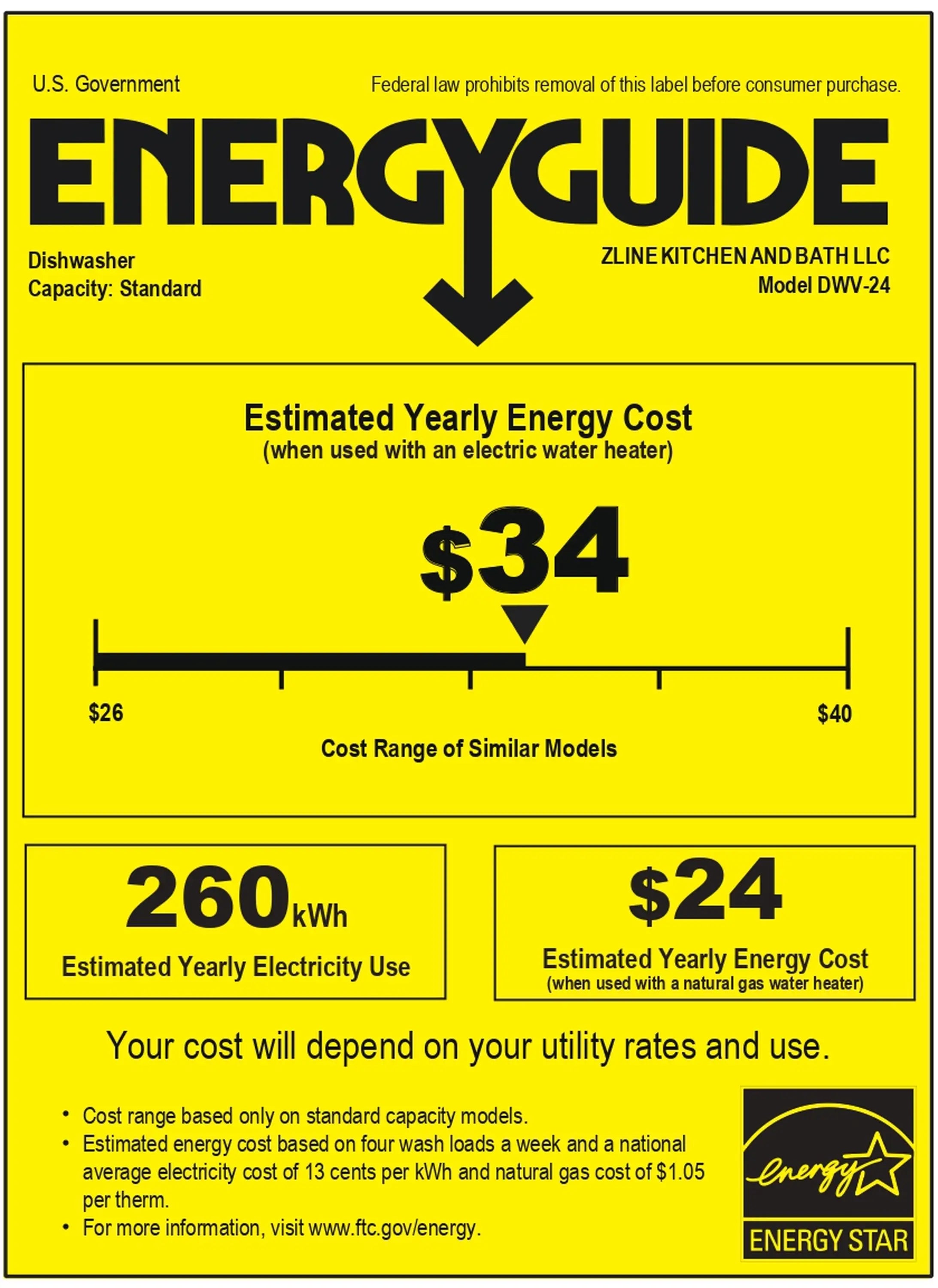 U.S. EnergyGuide label for dishwasher, estimated yearly cost and energy use