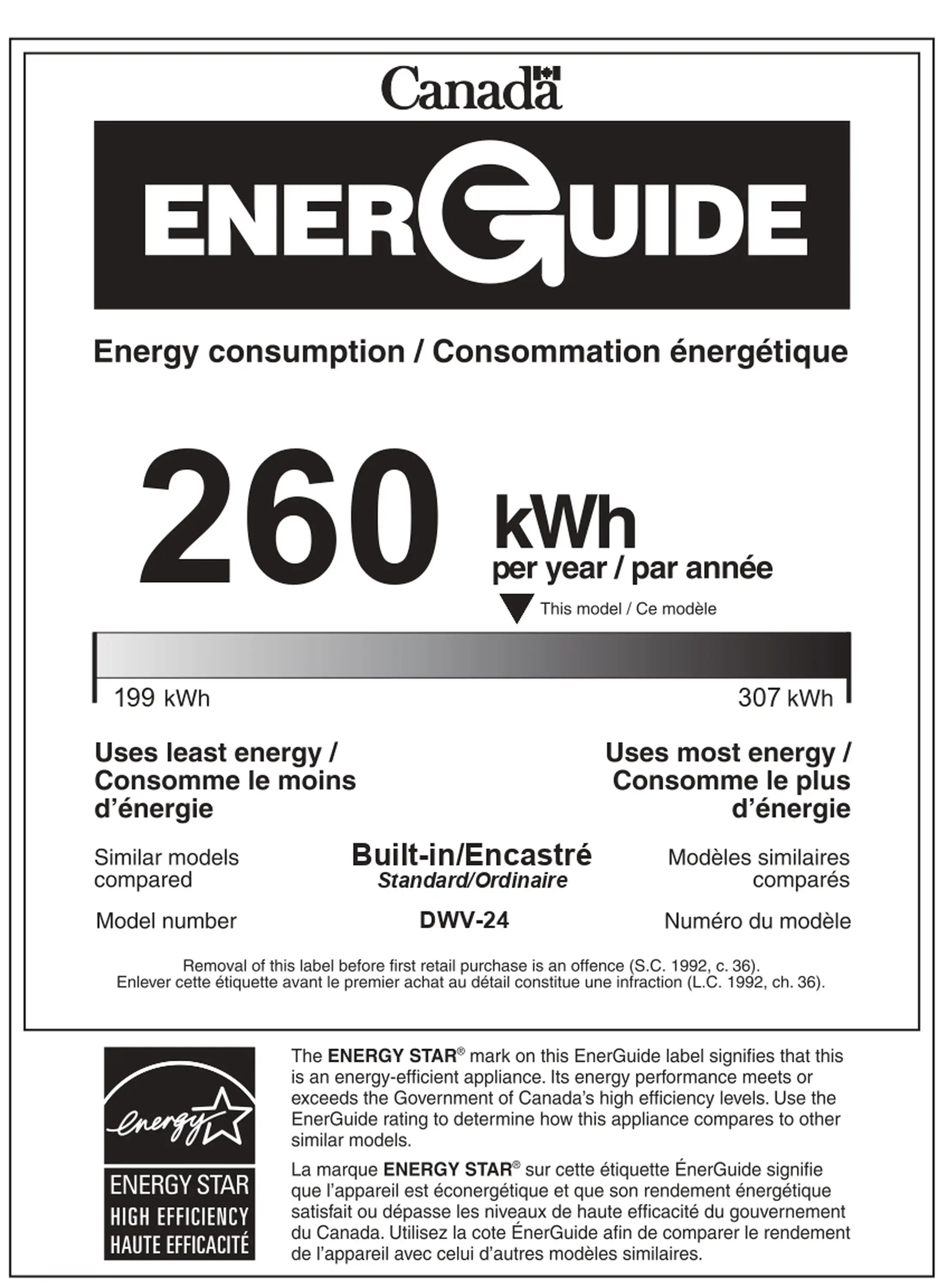EnergyGuide label for Canada showing 260 kWh per year