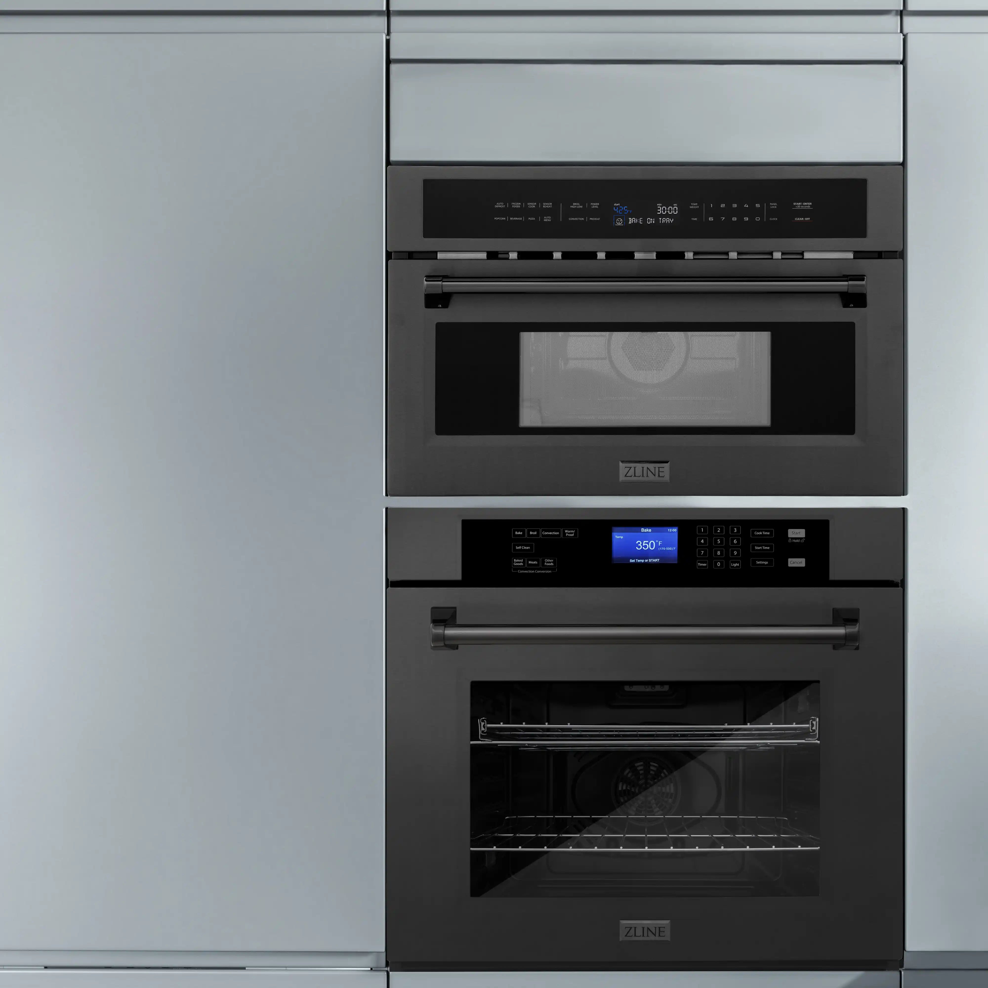 Built-in convection microwave oven, black stainless, front control panel and open cavity