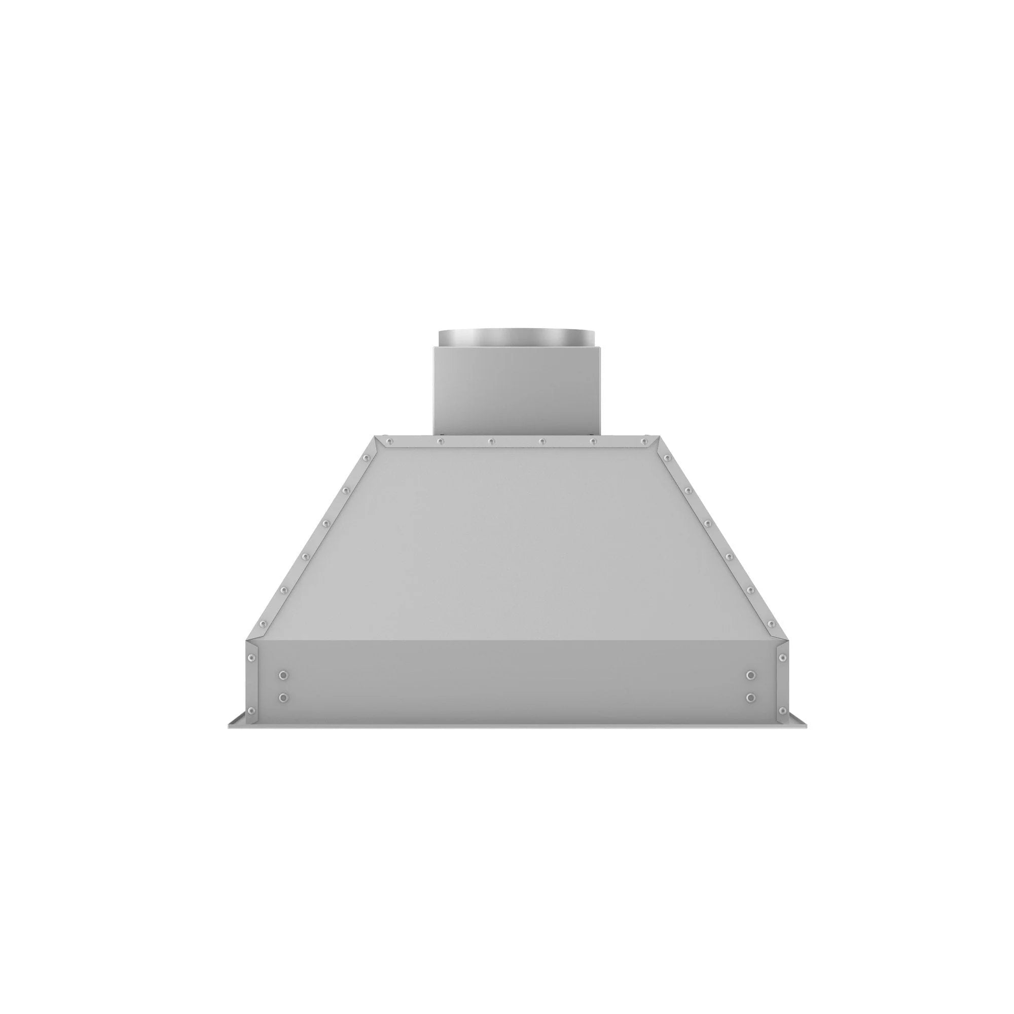 Stainless steel range hood insert baffle with exhaust collar, underside view