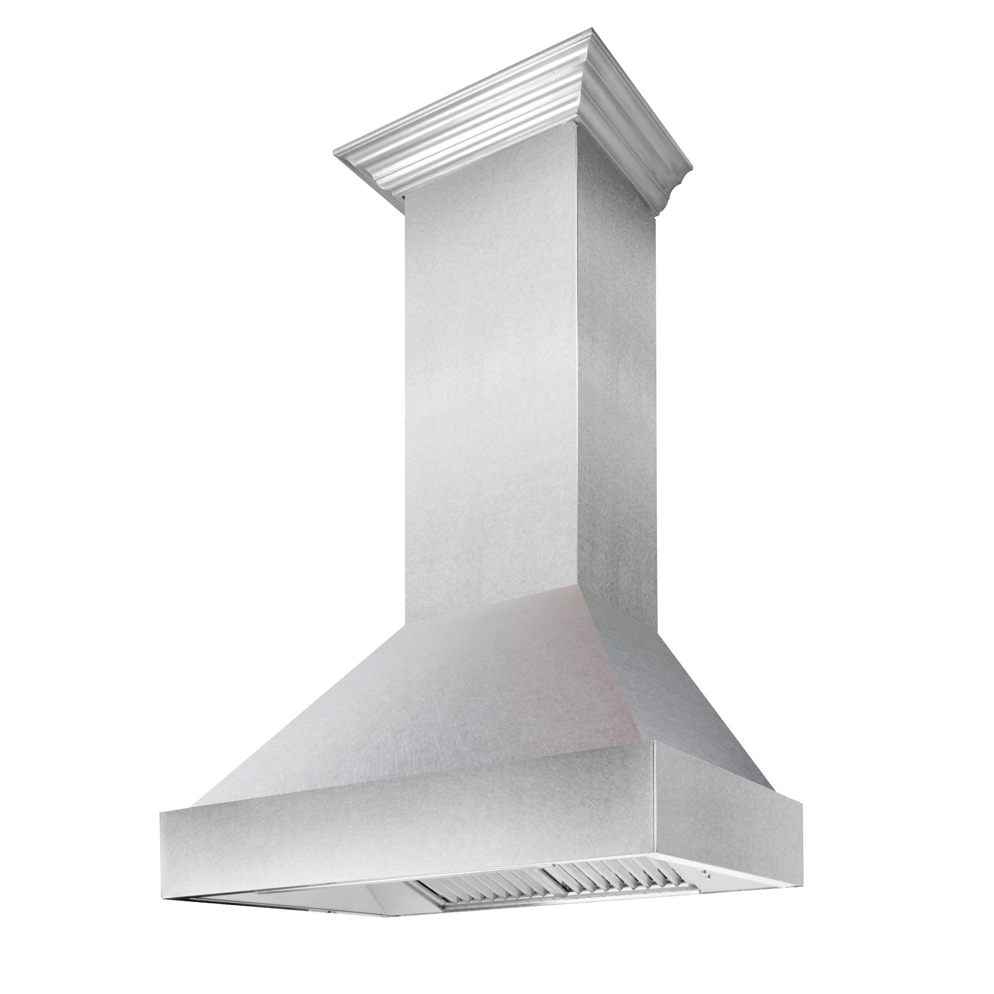 Wall-mount range hood with chimney flue and vented underside, satin stainless steel