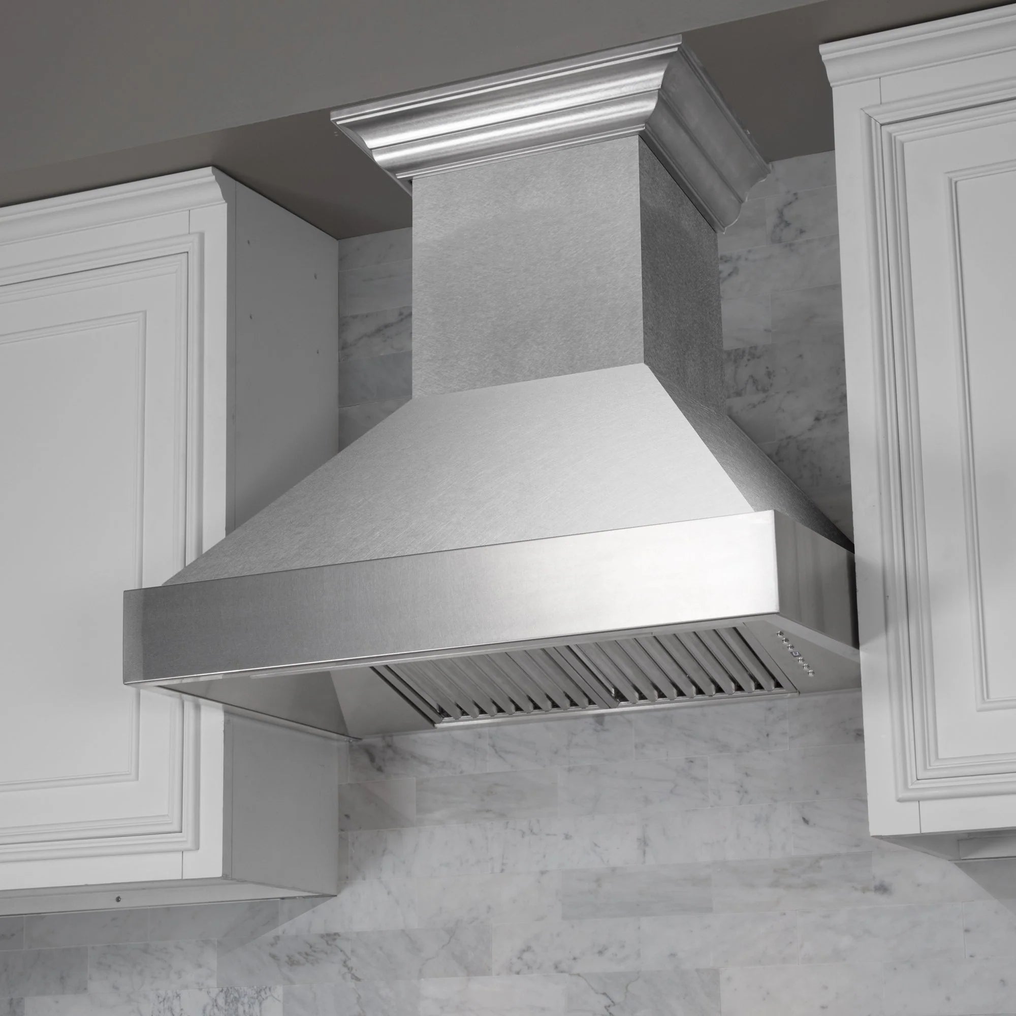 Satin stainless steel wall mount range hood with chimney flue