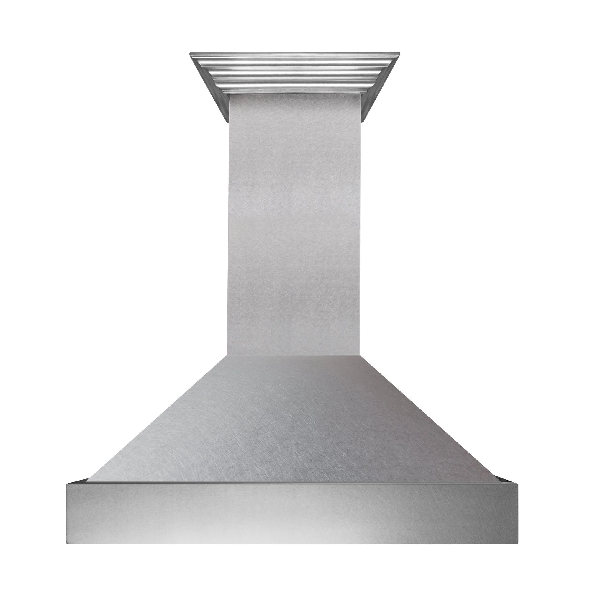 Satin stainless steel chimney wall hood with angled flue top