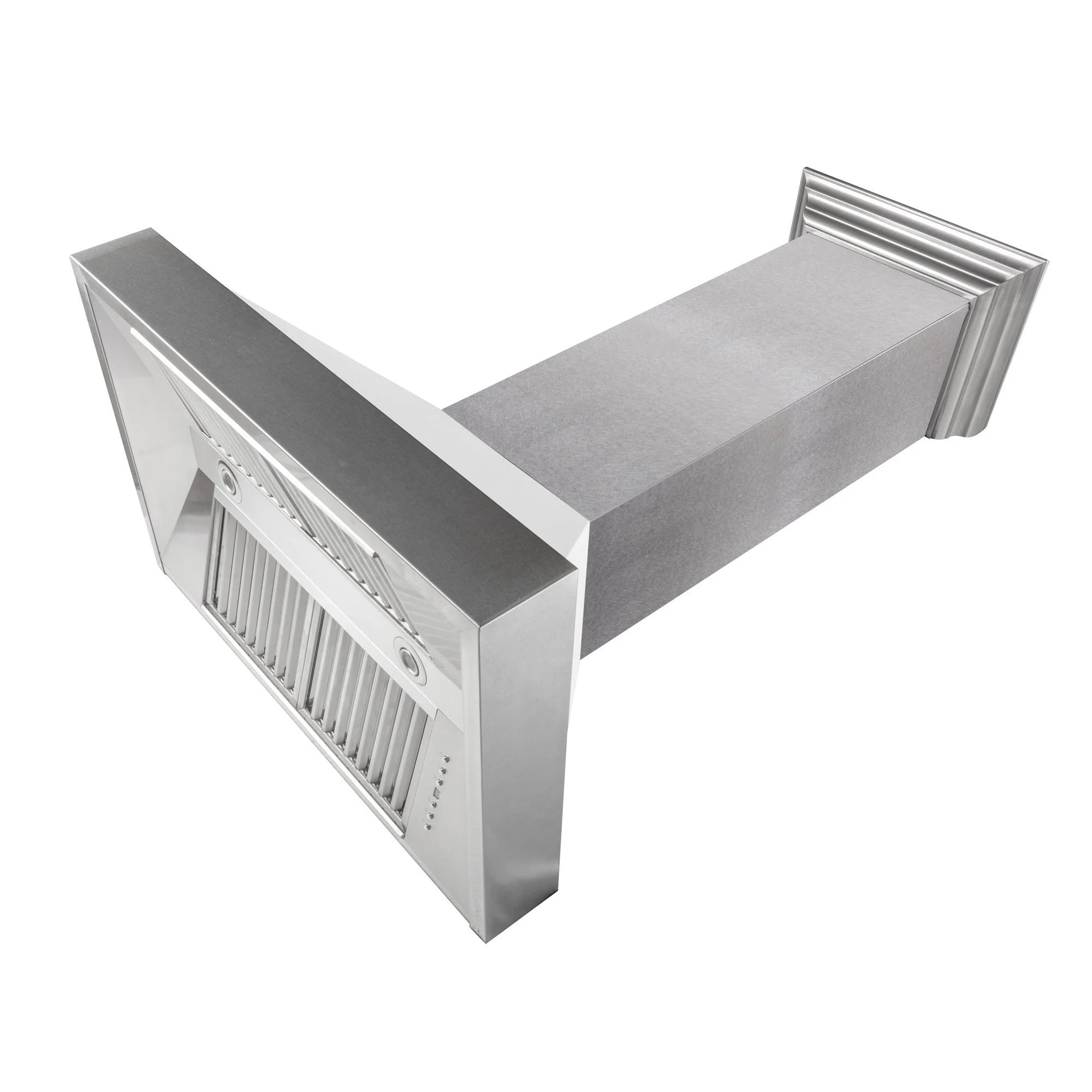 Stainless steel chimney range hood with slanted canopy and side vent slats