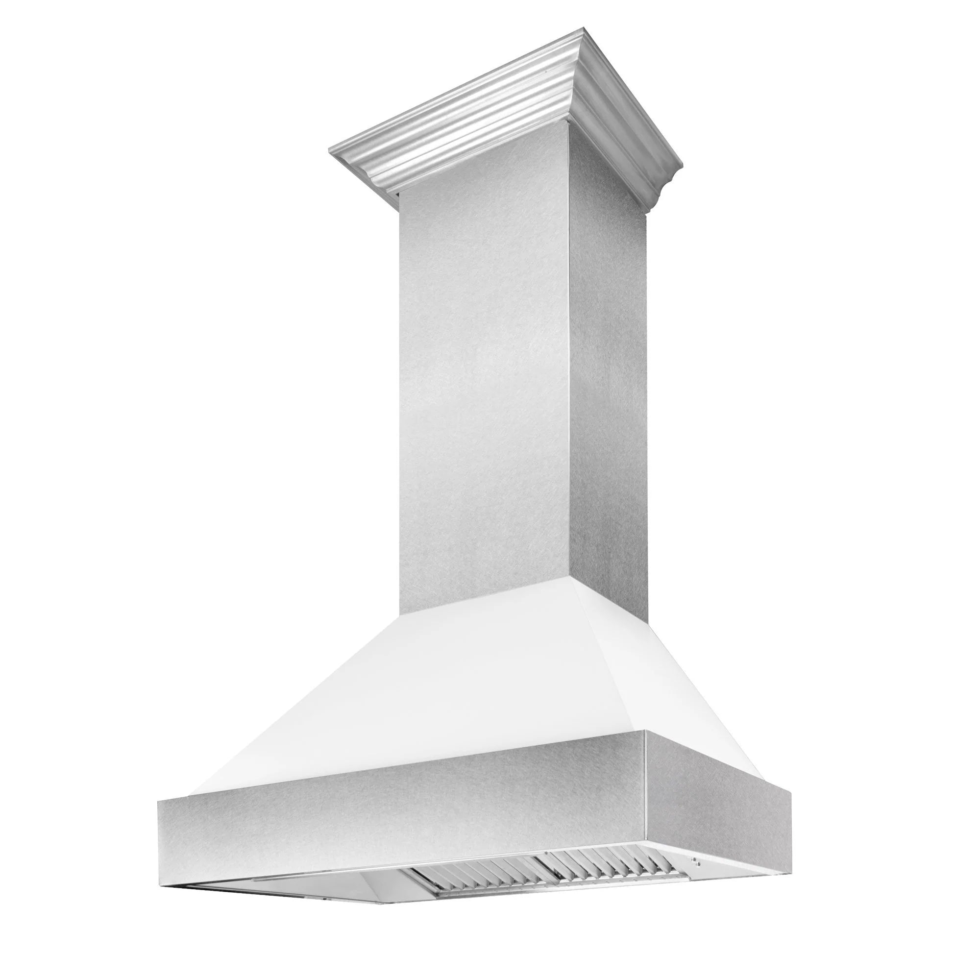Stainless steel chimney range hood with vented canopy and vertical duct