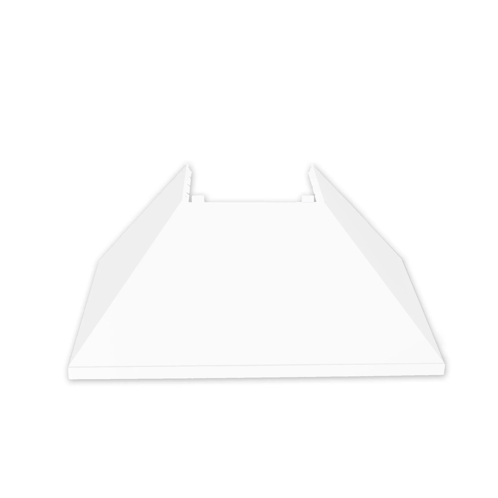 White range hood chimney cover panel with curved sides and front lip