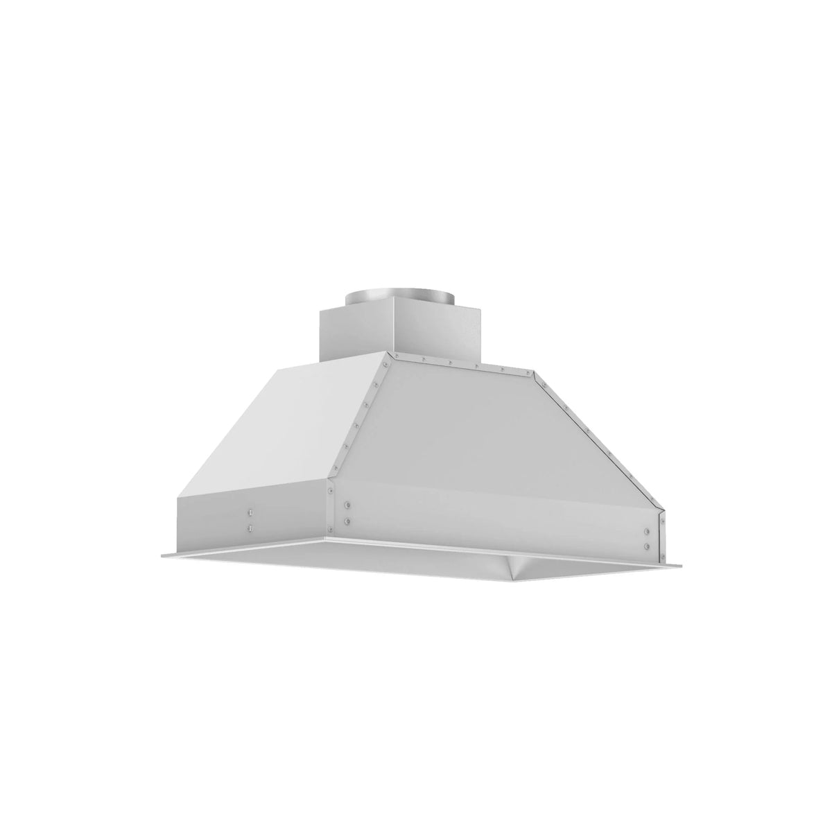 Stainless steel range hood insert with angled canopy and round duct opening