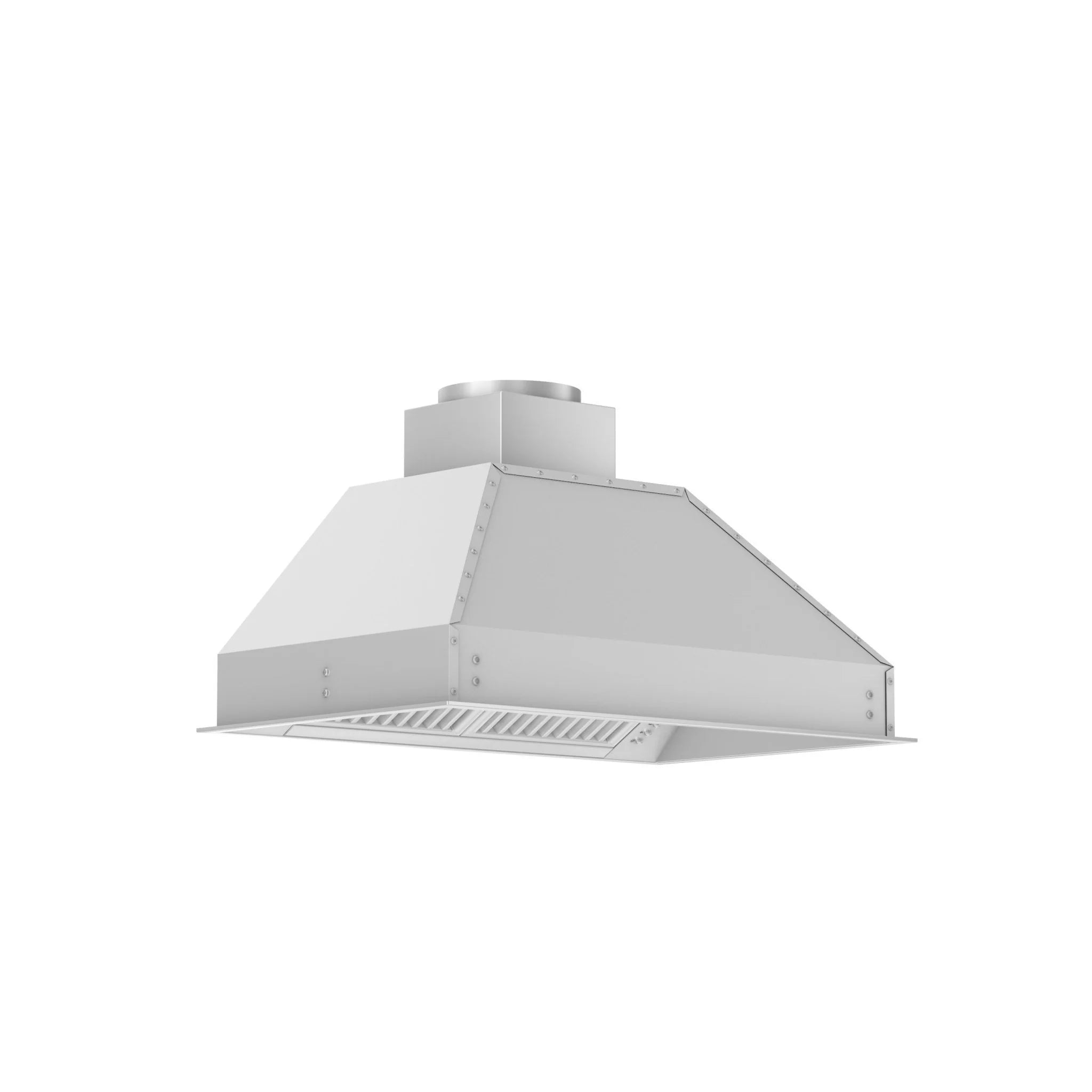 Range hood insert with underside vent opening and duct collar, angled side view