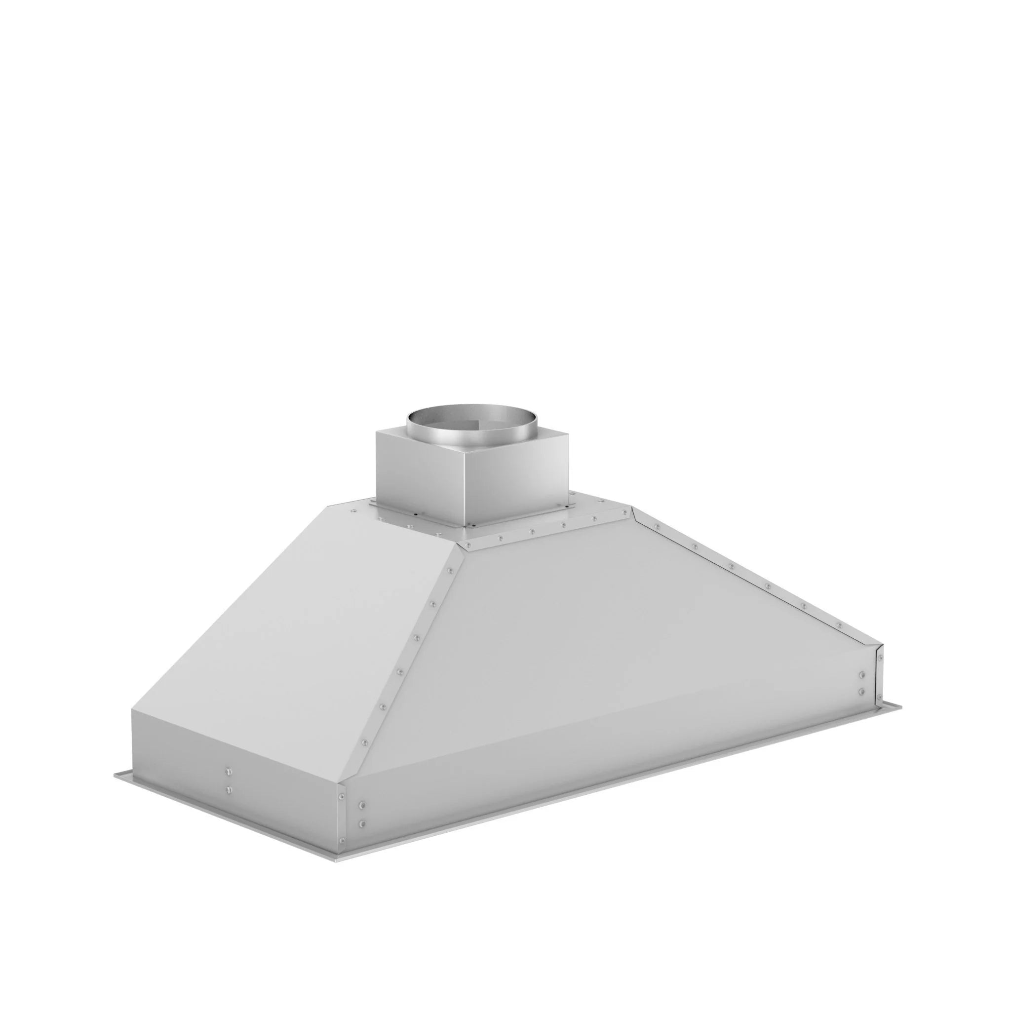 Range hood insert angled view with round duct collar and side panels
