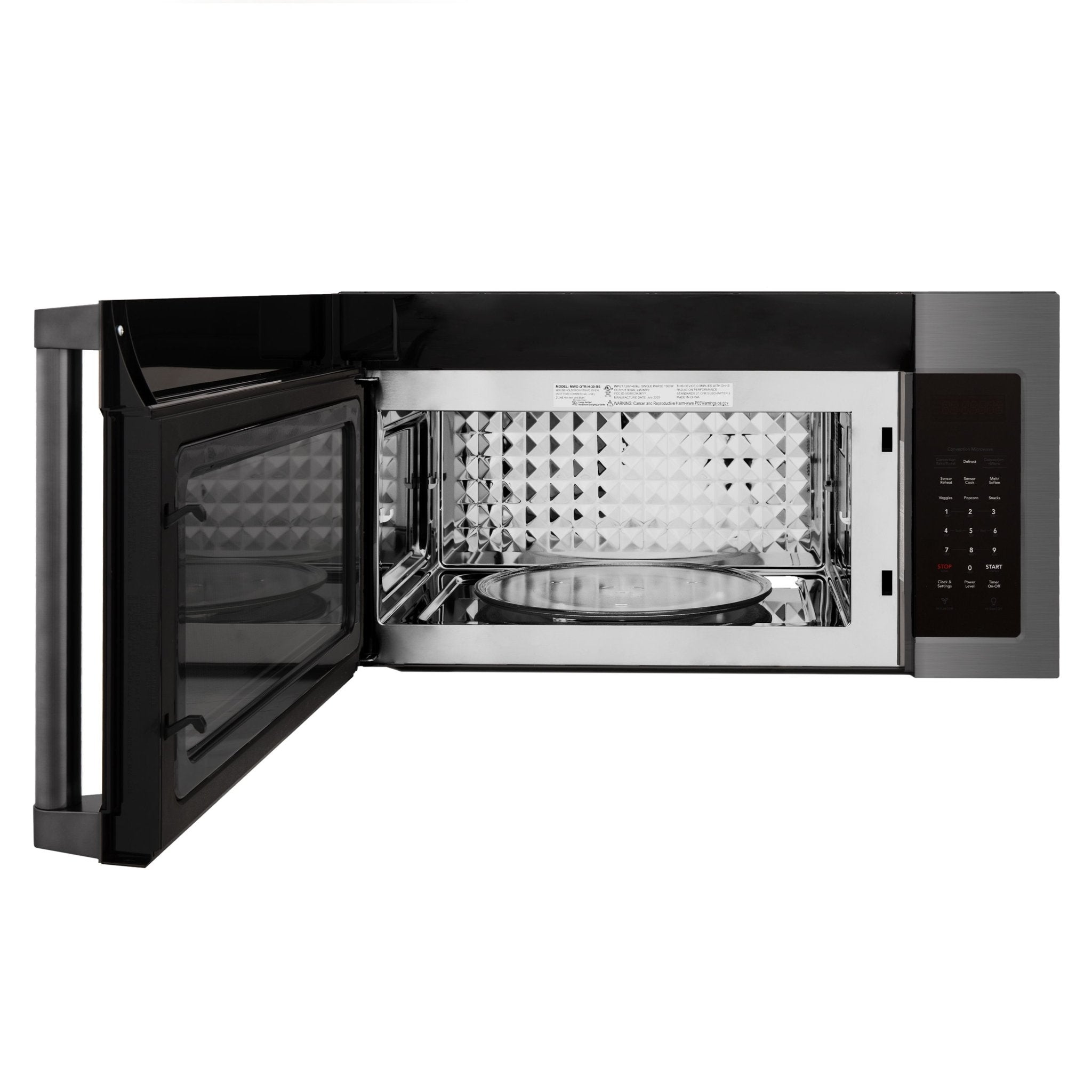 ZLINE over-the-range microwave oven open door showing interior cooking cavity