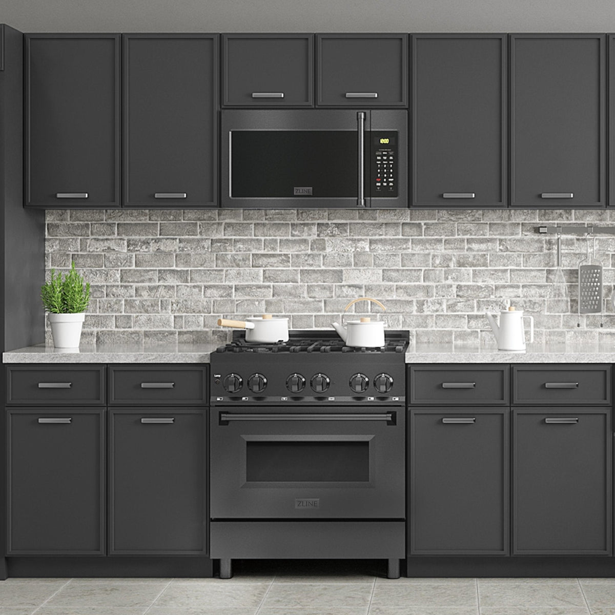 Black stainless over-the-range microwave above black range oven