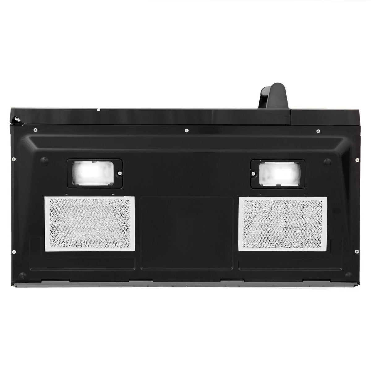 Over-the-range microwave hood underside with vent lights and filter panels