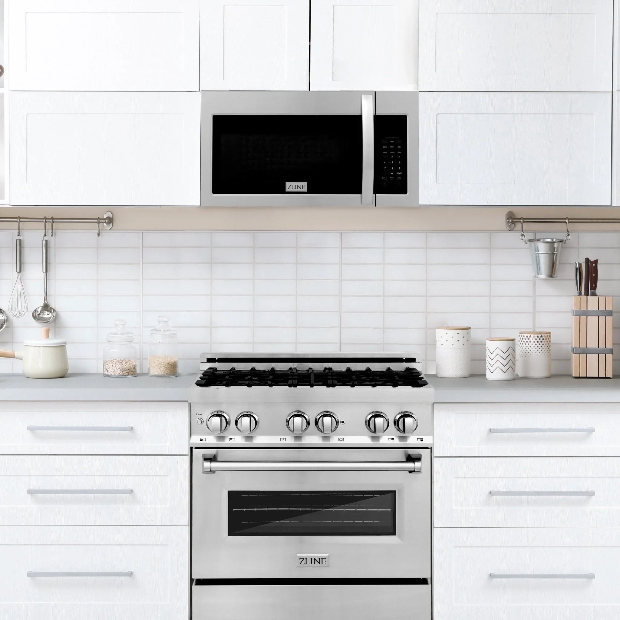 Built-in stainless steel double wall oven with over-the-range microwave above