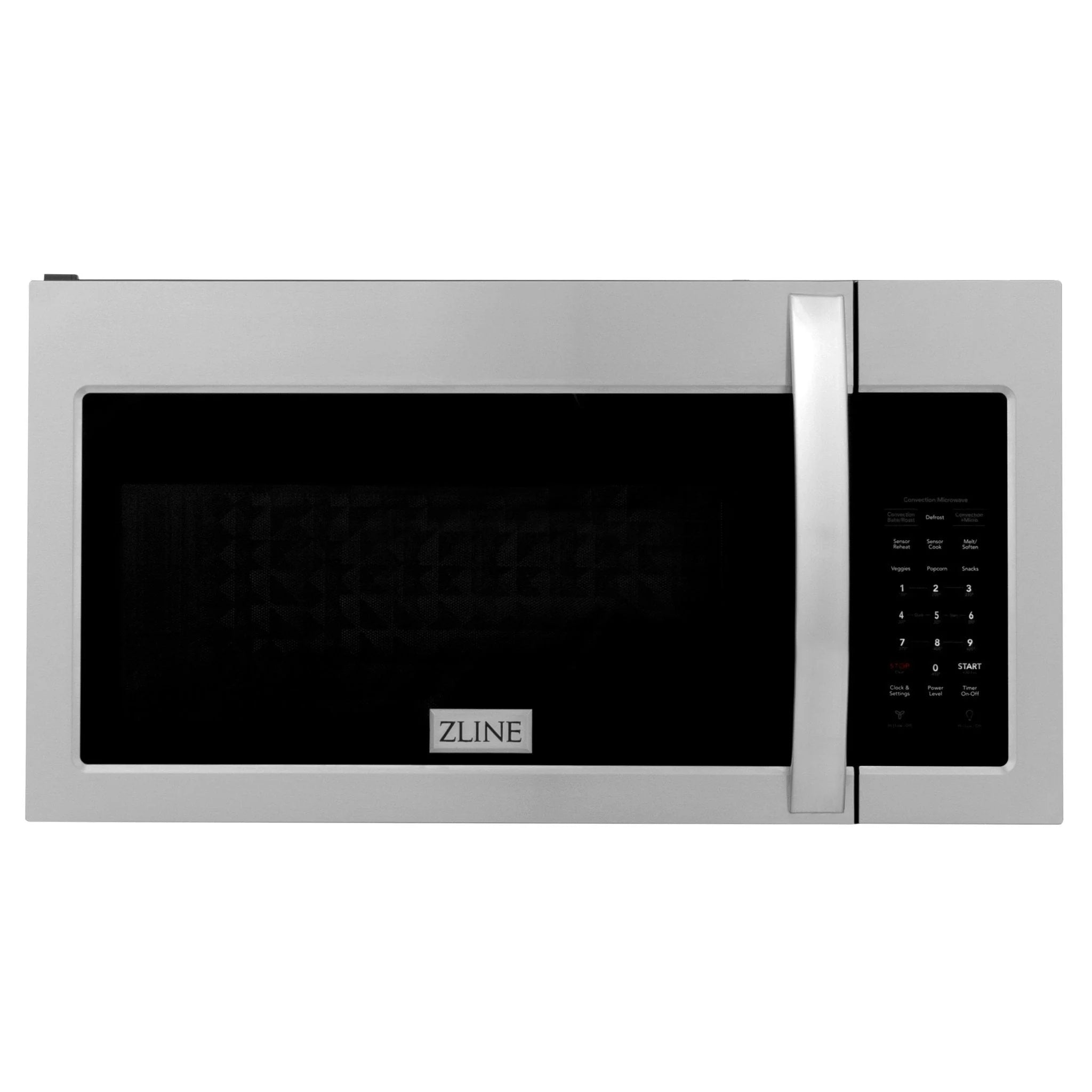 Stainless steel over-the-range microwave with black display window and keypad