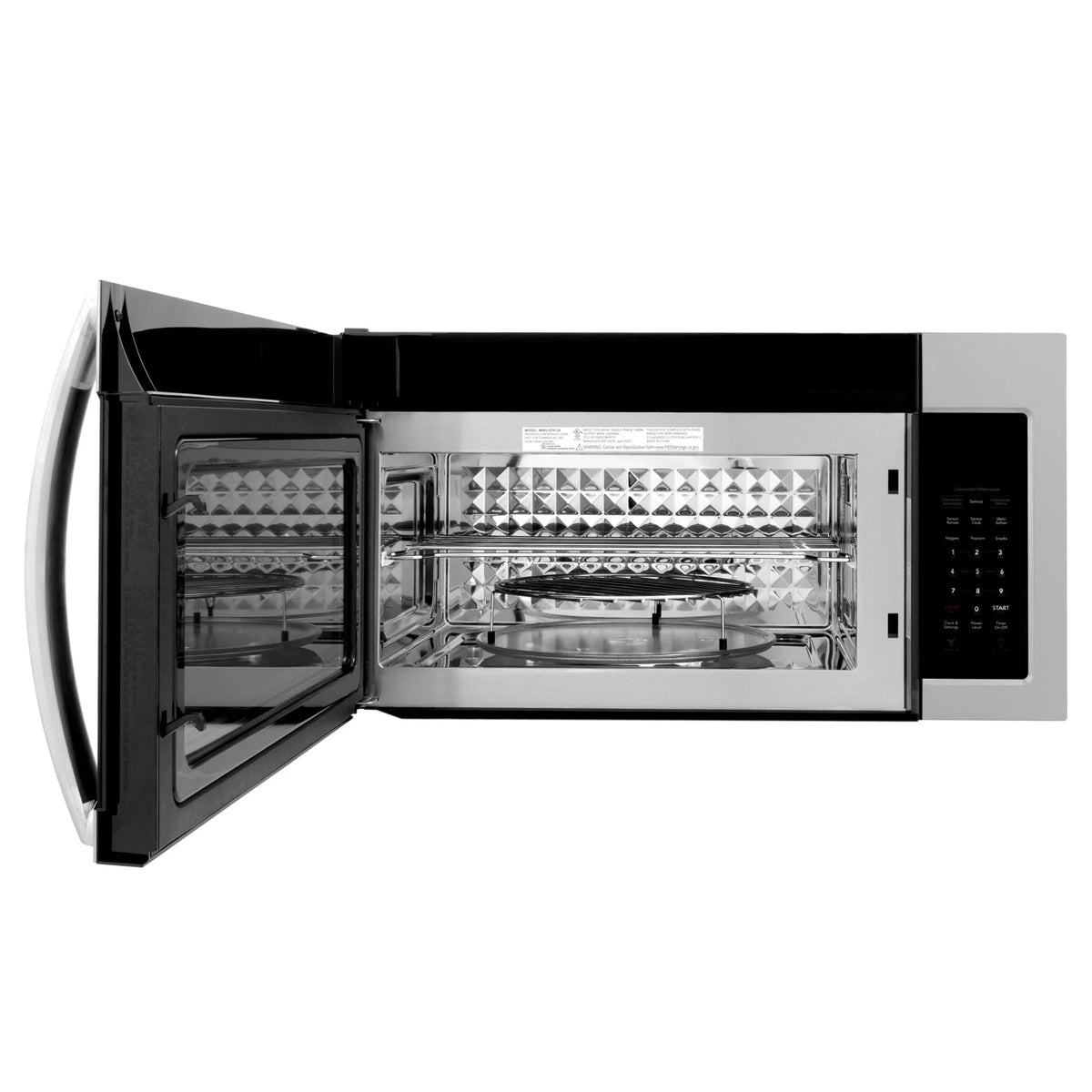 Over-the-range microwave with door open, showing interior cavity and rack