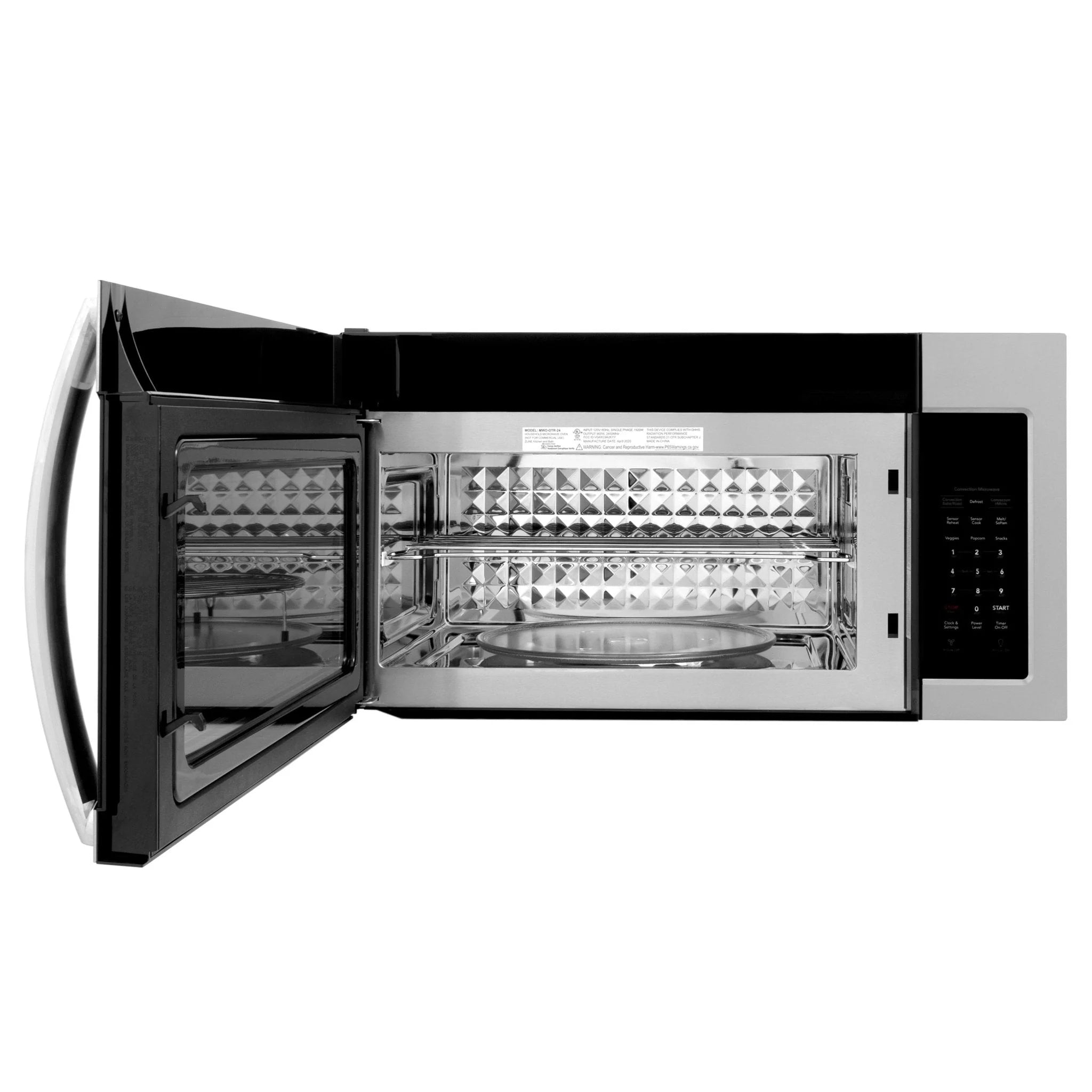 Over-the-range microwave with open door, glass interior, and control keypad