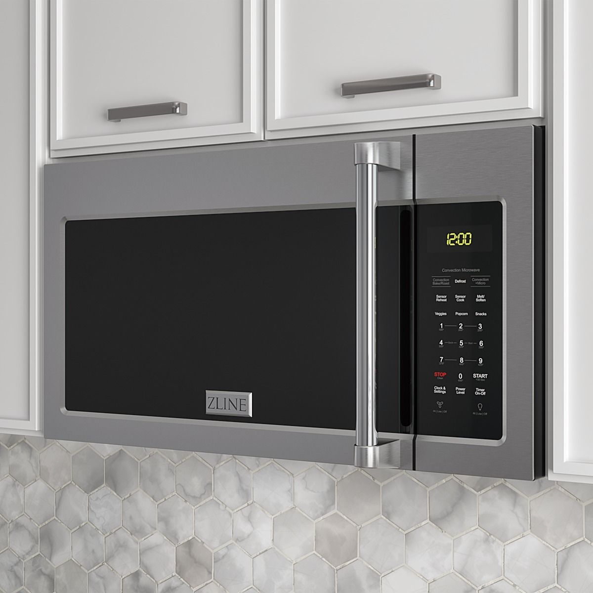 Stainless steel microwave oven with digital display and keypad on dark glass door