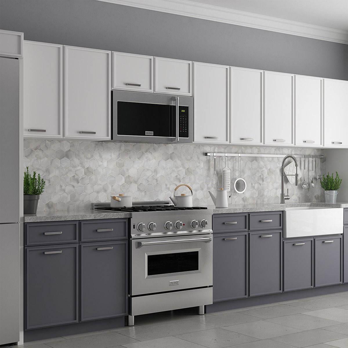 Stainless kitchen appliance set with range, microwave, and double wall oven