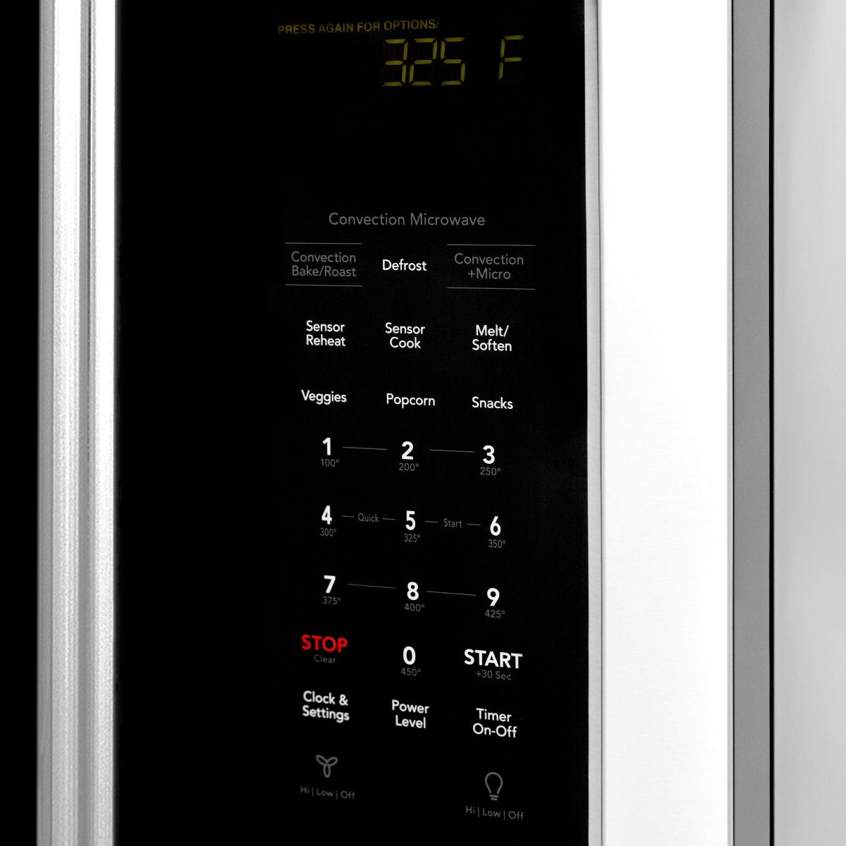 Microwave control panel with digital display and cooking function buttons