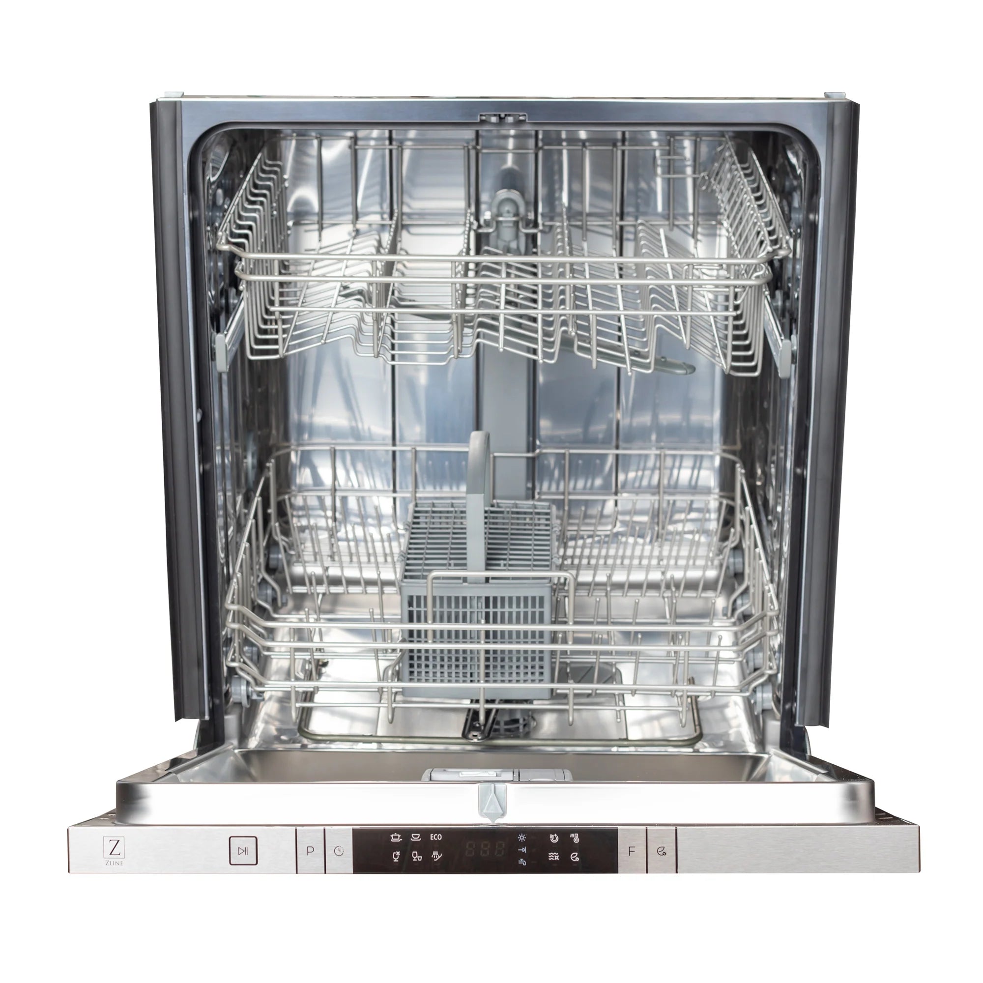 Dishwasher interior view with racks and spray arms in stainless tub
