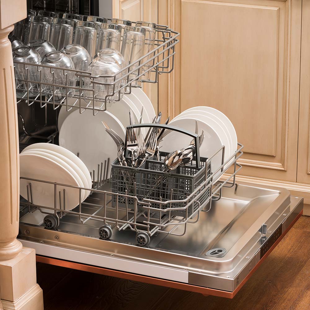 Built-in dishwasher with open racks and stainless tub, copper-toned trim