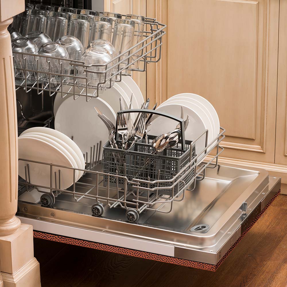 24-inch ZLINE dishwasher in hand-hammered copper, open racks, stainless tub