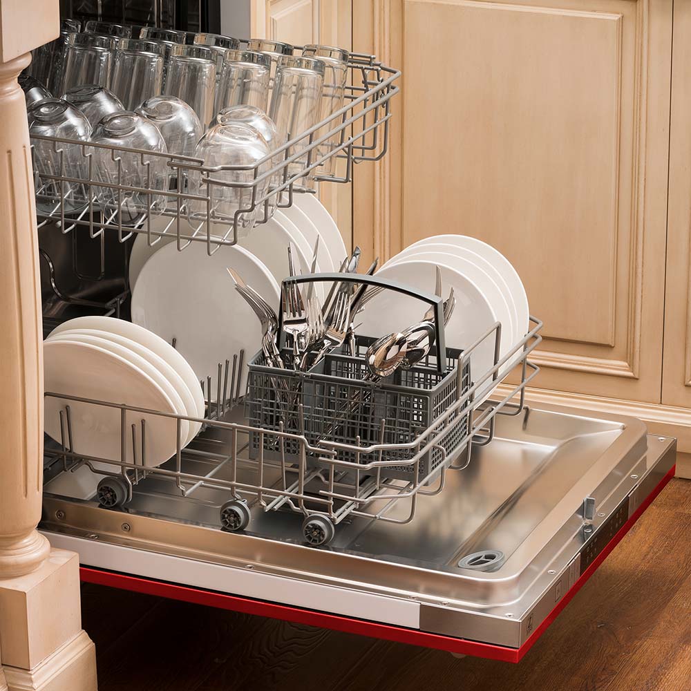 Built-in dishwasher with open rack and red matte base trim