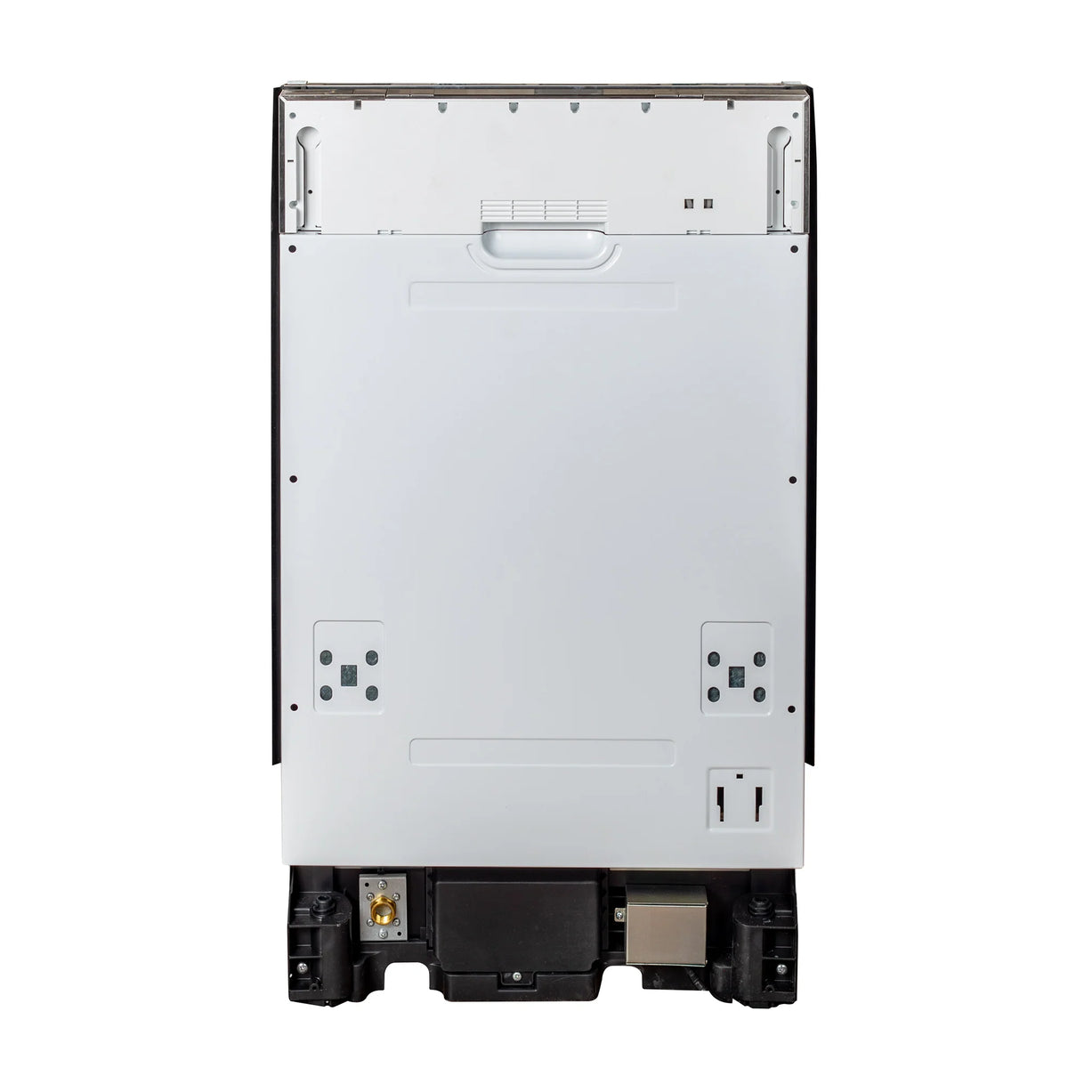 Dishwasher rear panel view with mounting points and utility connections