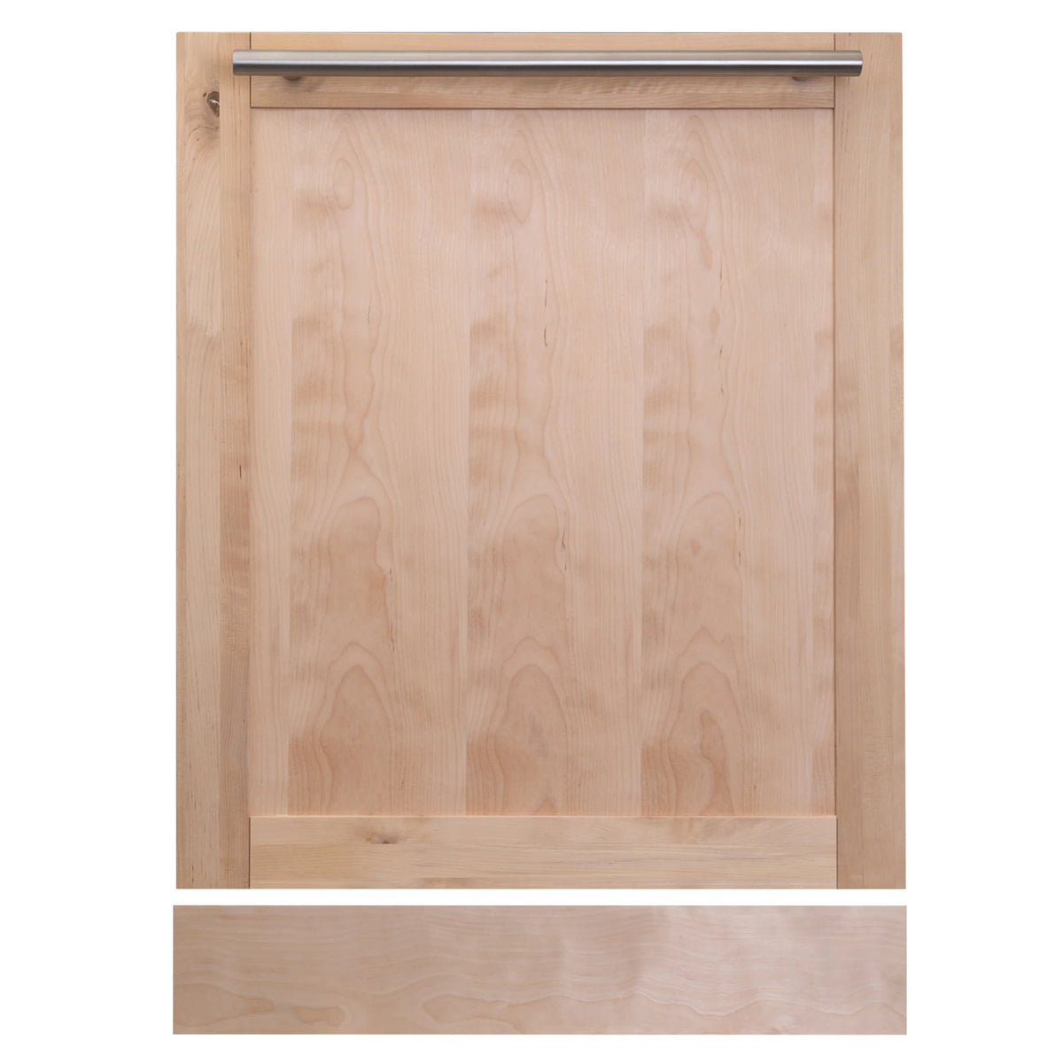 24-inch built-in dishwasher door panel, unfinished light wood, modern top handle