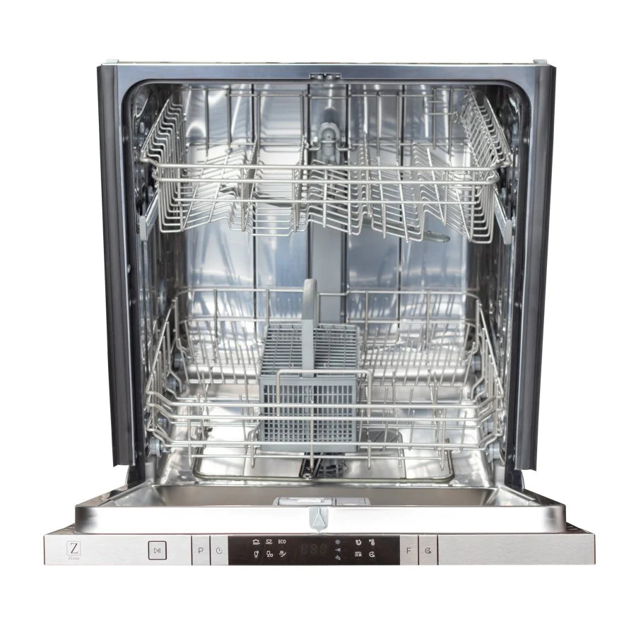 24-inch built-in dishwasher interior with stainless racks and spray arms