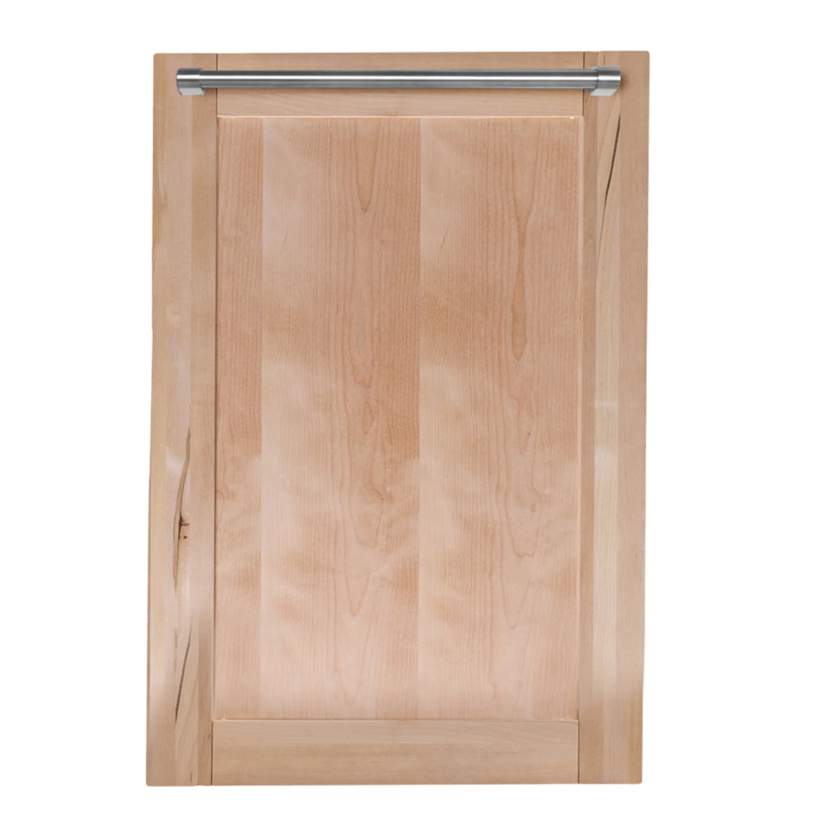 Unfinished wood dishwasher front panel with stainless top handle bar