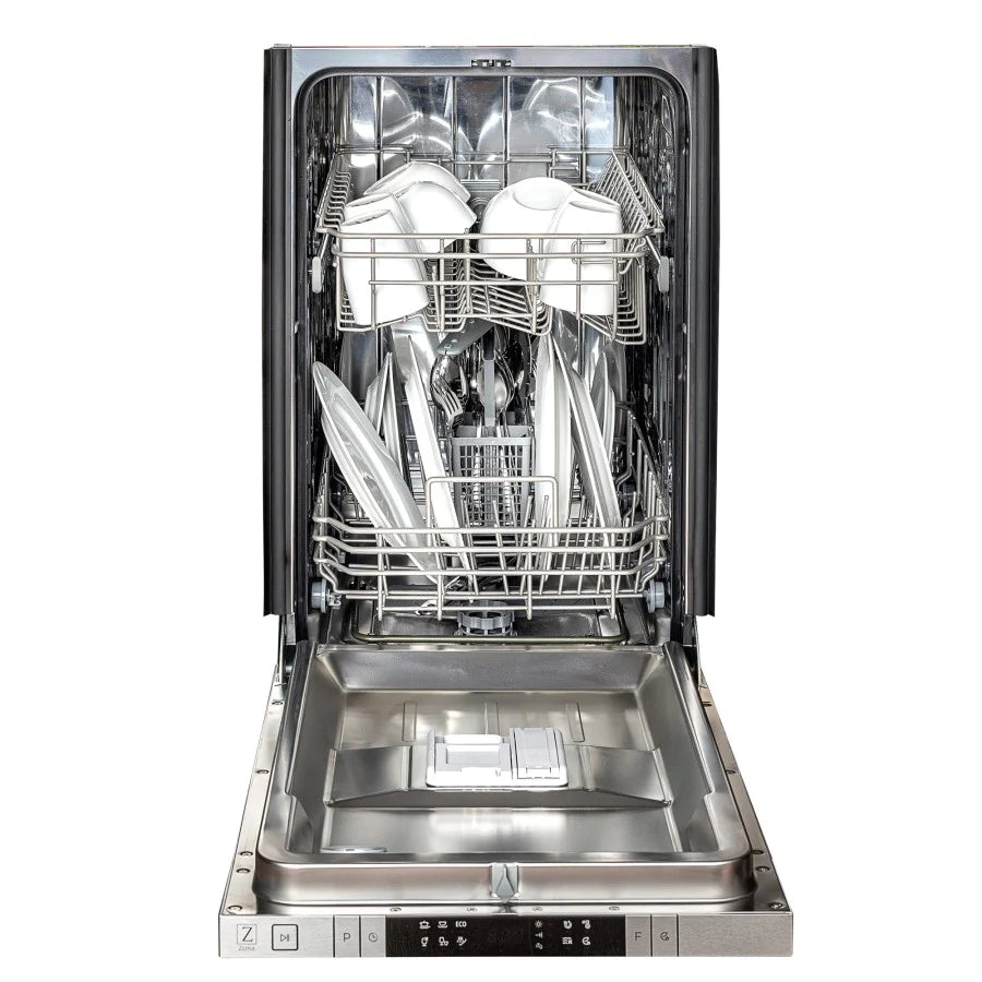 Dishwasher door open showing upper and lower stainless spray arms