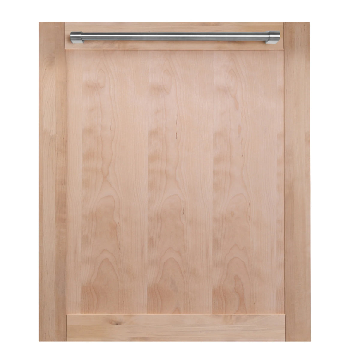 Unfinished wood dishwasher door panel with traditional silver bar handle