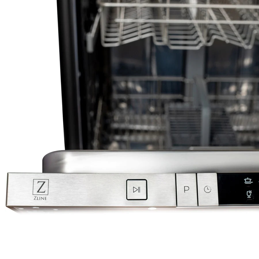 Dishwasher top control buttons with ZLINE logo and power icon, stainless bar
