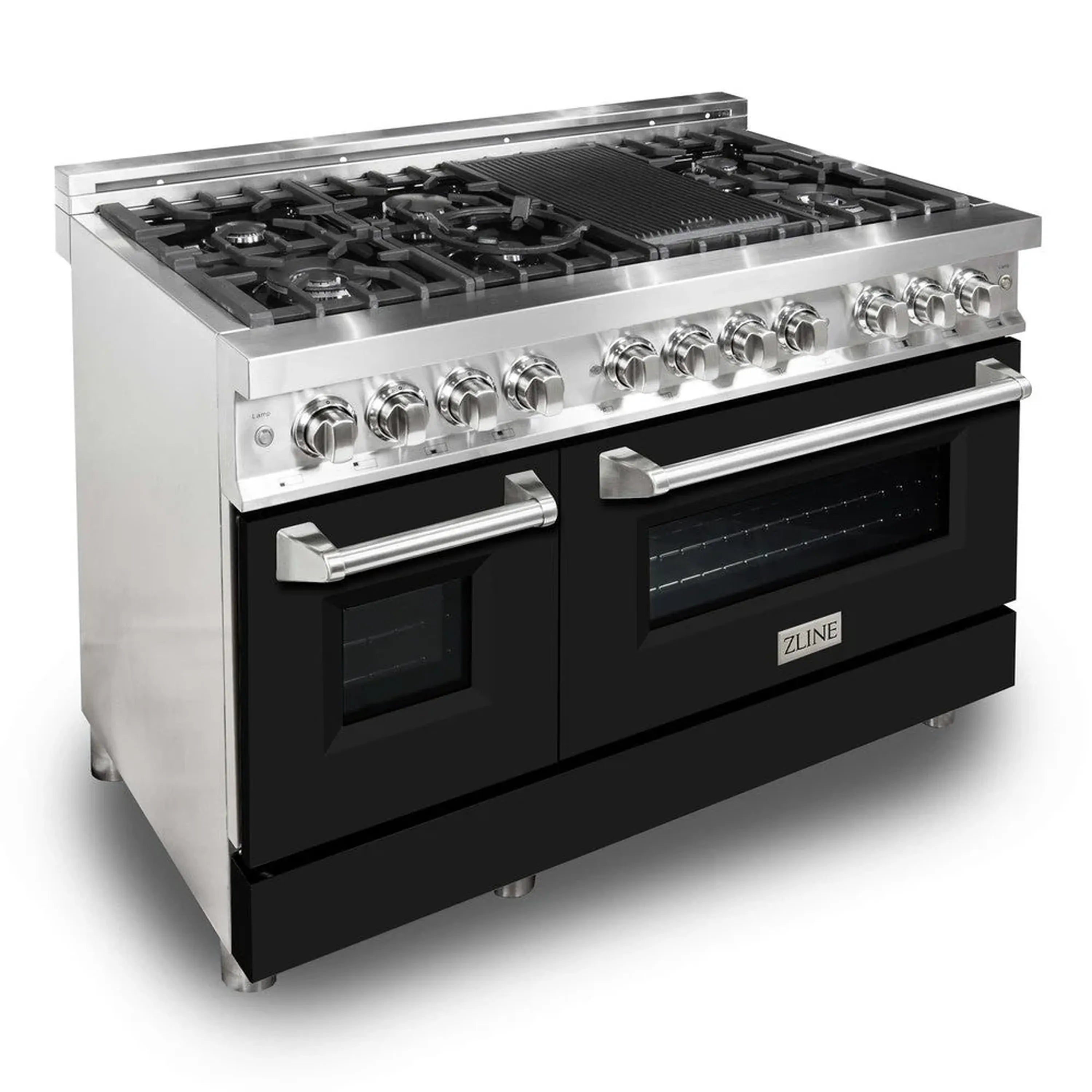 Stainless dual fuel range with open cooktop and chrome control knobs
