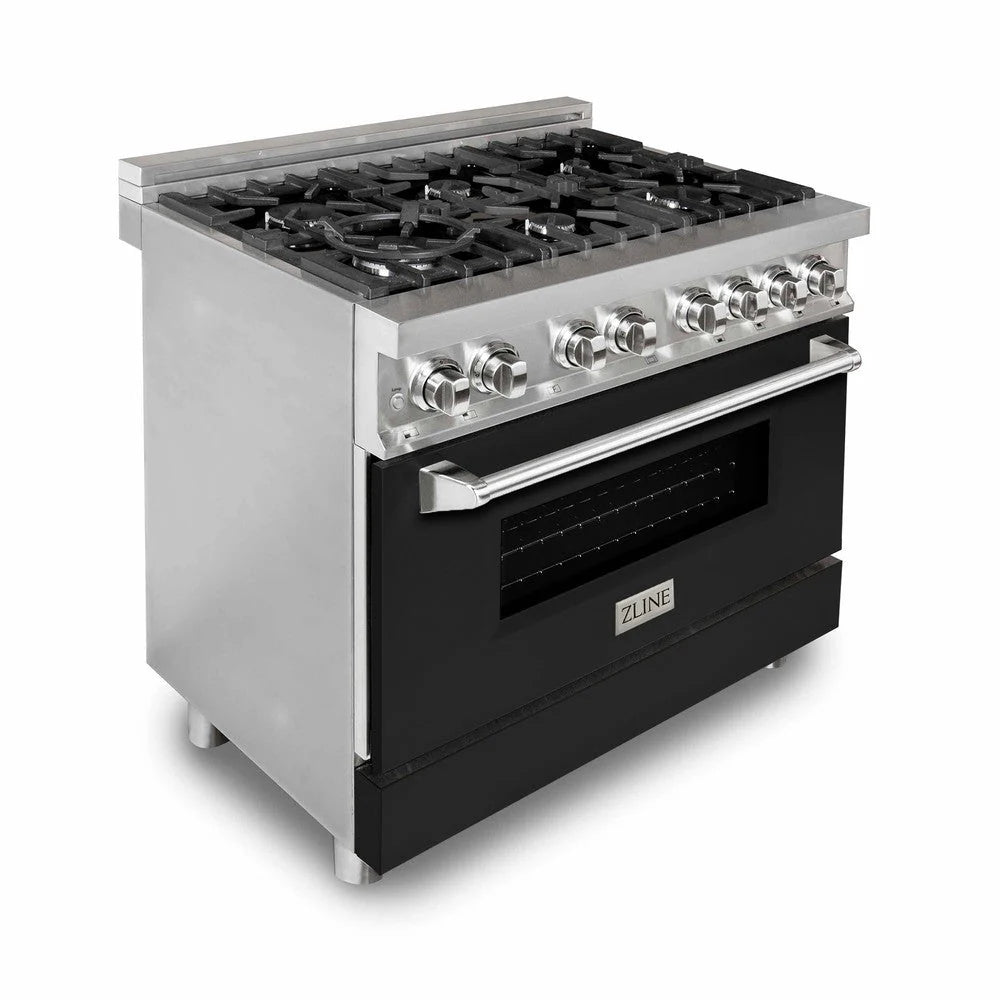 36-inch dual fuel range with matte black oven door and stainless control panel