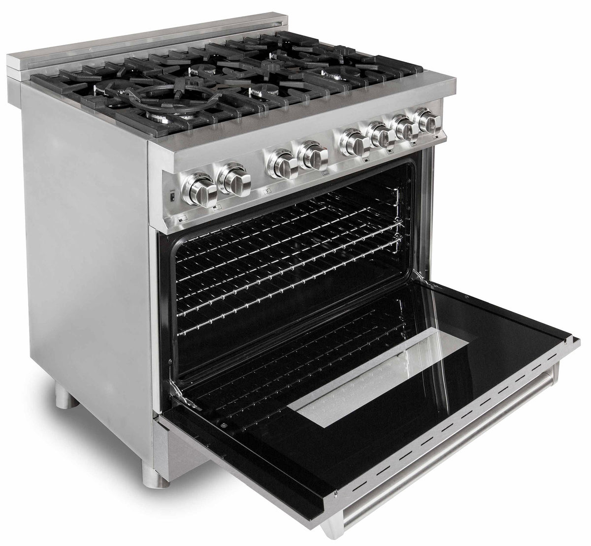 Satin stainless dual fuel range with open oven door and black interior rack
