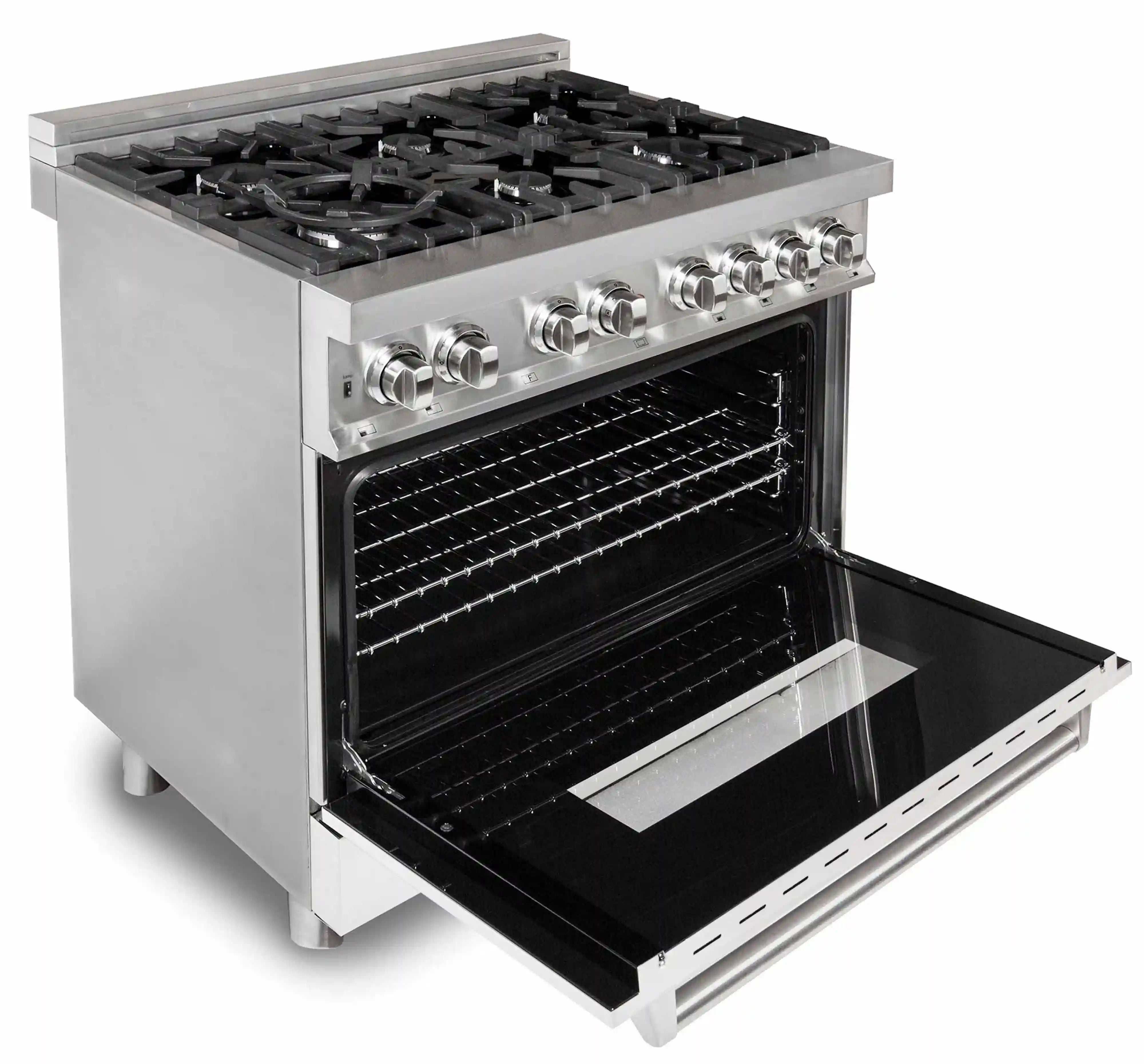 Stainless steel dual fuel range with open oven door and black burner grates