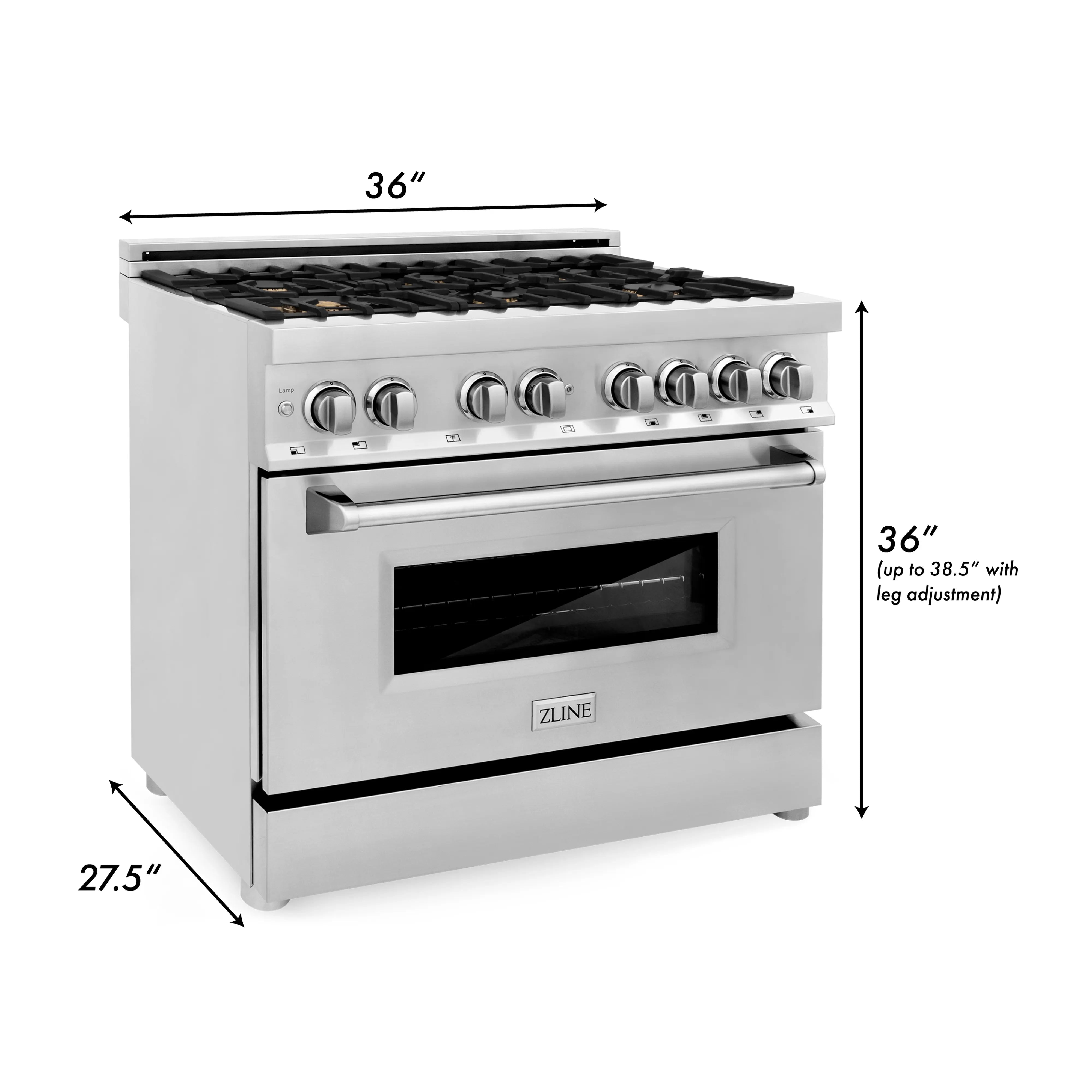 Stainless steel dual fuel range with 36 in width and oven door open