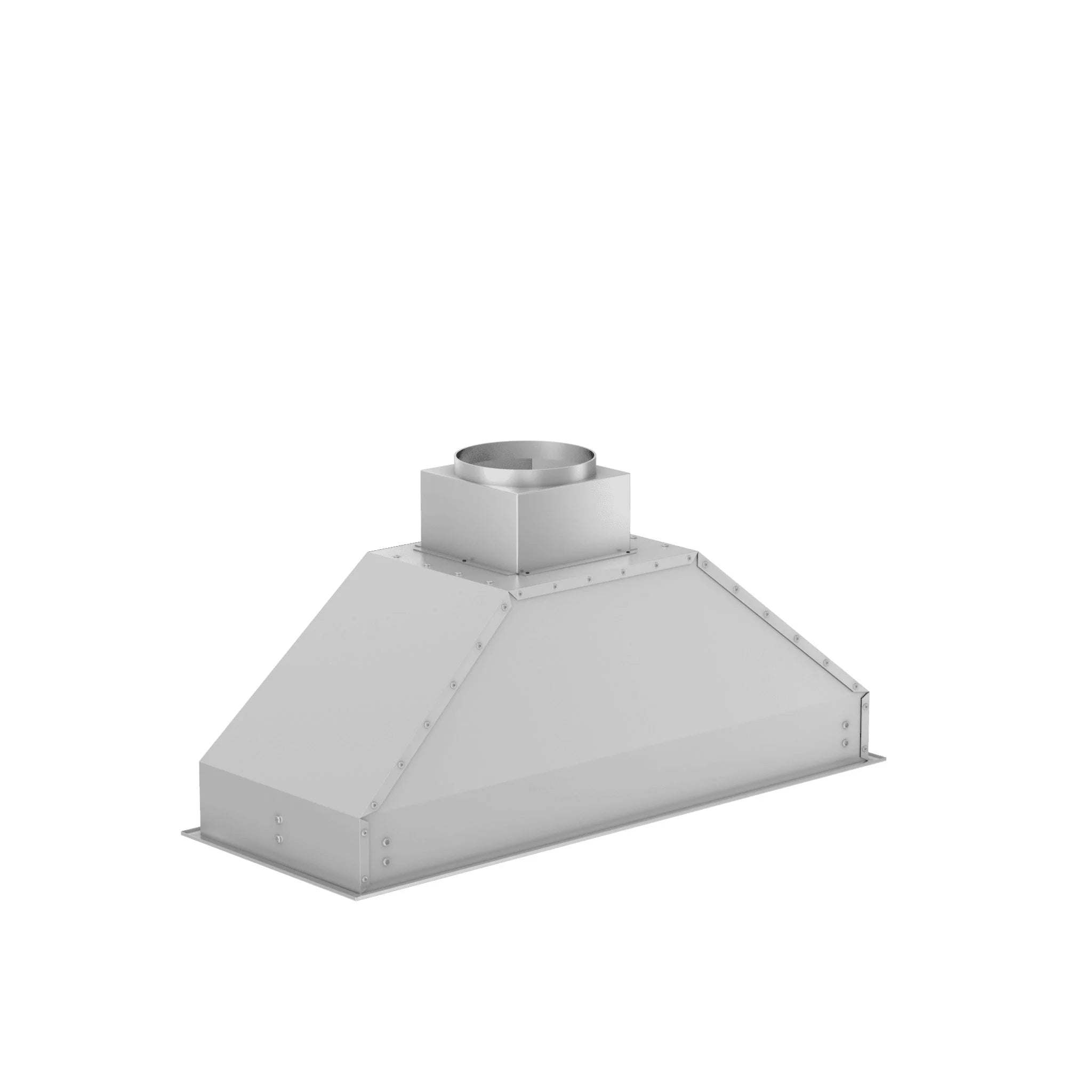 Stainless steel range hood insert with round duct collar and front housing