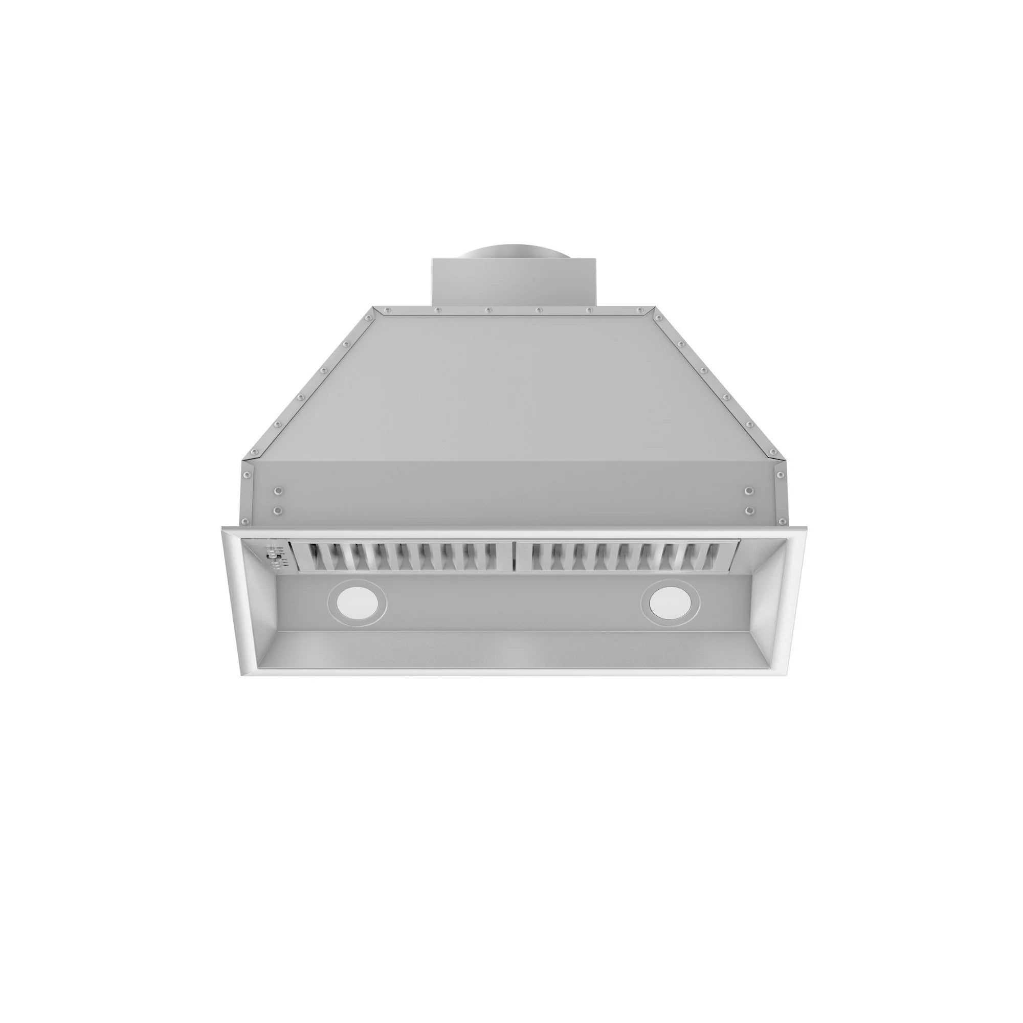 Stainless steel range hood insert underside with front grille opening and two lights