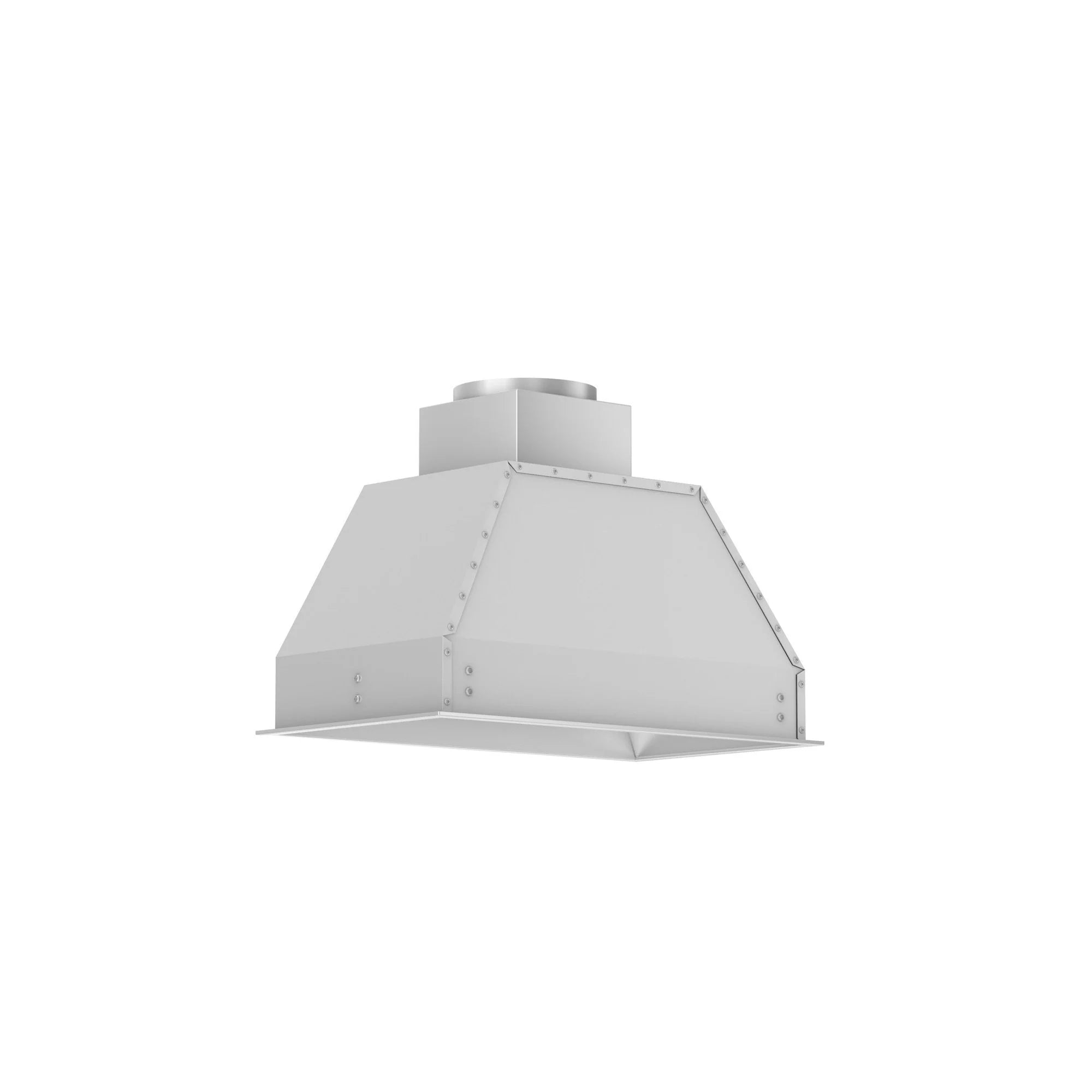 Stainless steel range hood insert with round duct collar and side mounting brackets